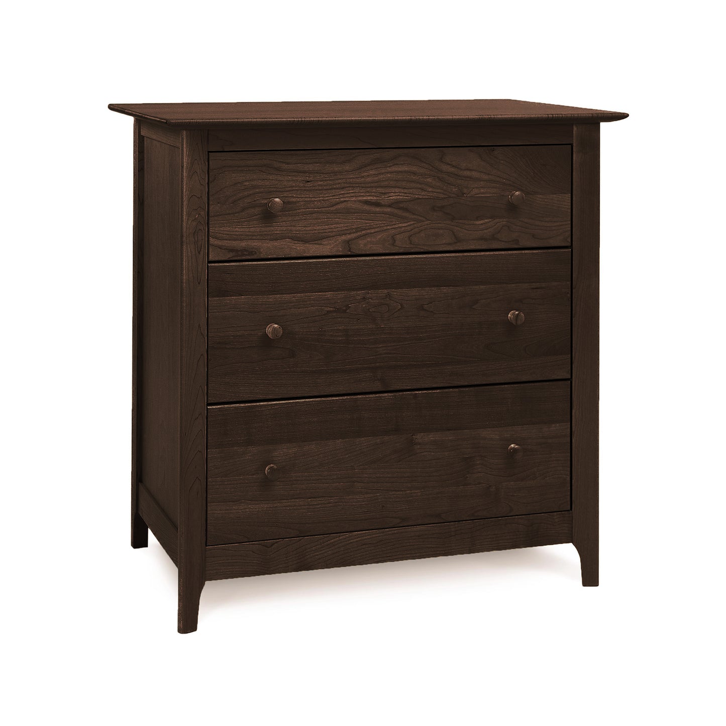Sarah 3-Drawer Chest by Copeland Furniture in natural cherry with dark finish and round knobs, featuring classic Shaker design.