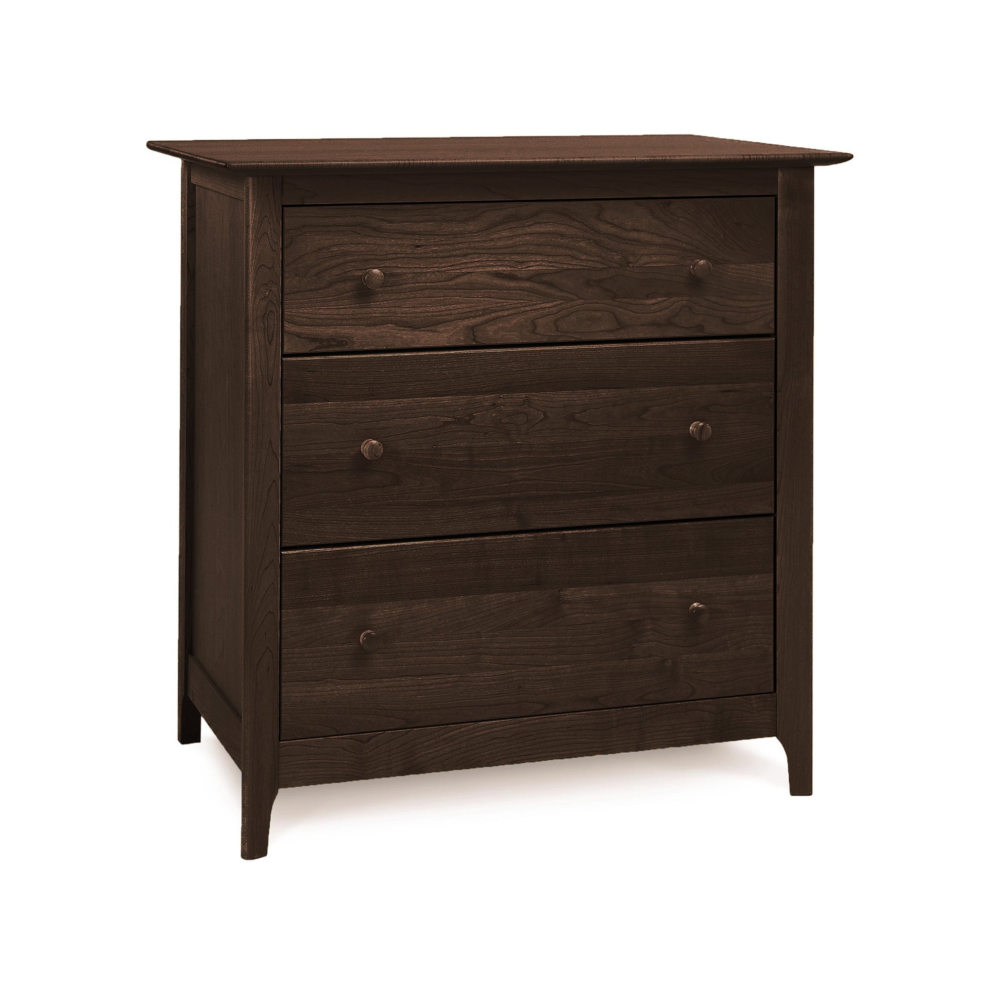 Sarah 3-Drawer Chest by Copeland Furniture in natural cherry with dark finish and round knobs, featuring classic Shaker design.