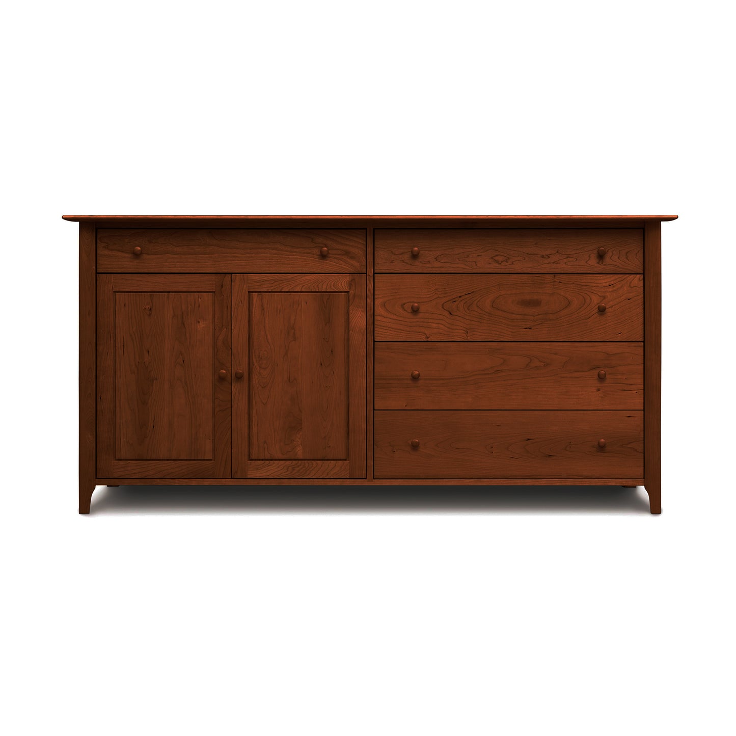 Copeland Furniture Sarah Buffet in Shaker style, showcasing two doors, a small top drawer, and three spacious lower drawers in quality wood craftsmanship.