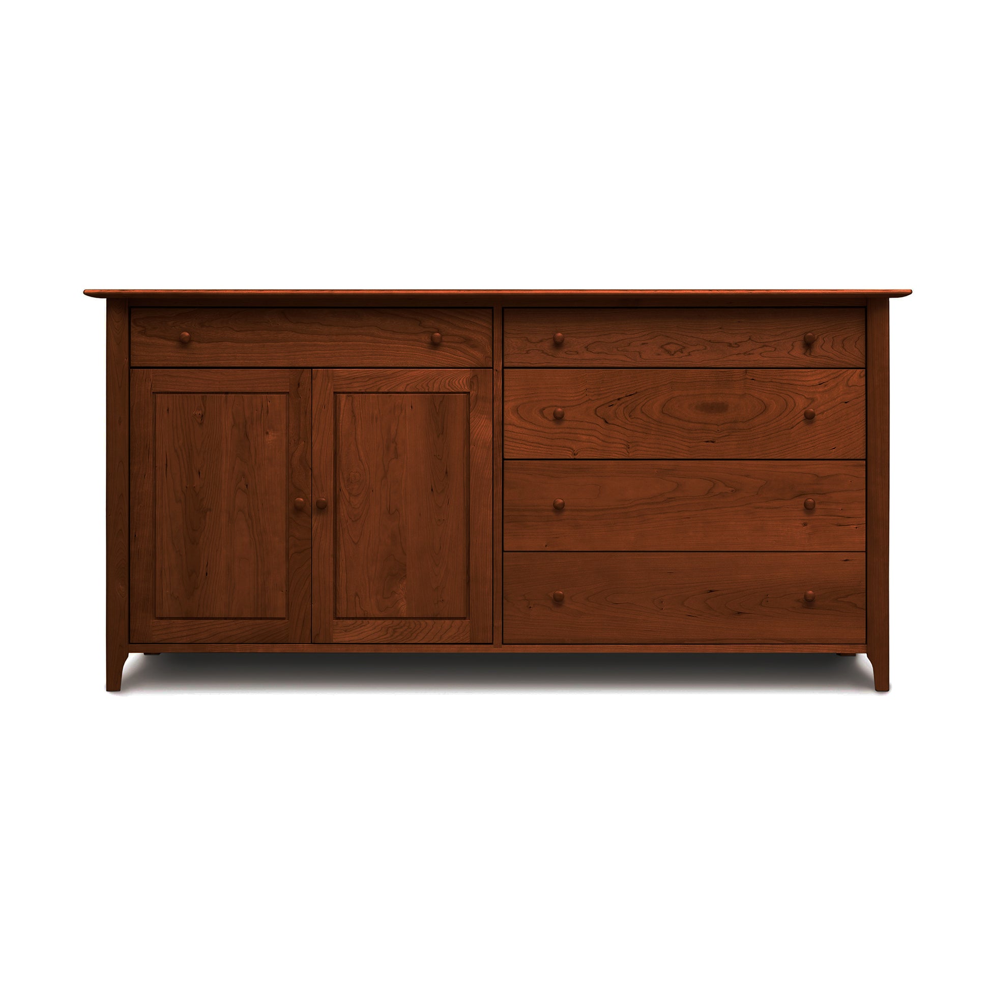 Copeland Furniture Sarah Buffet in Shaker style, showcasing two doors, a small top drawer, and three spacious lower drawers in quality wood craftsmanship.