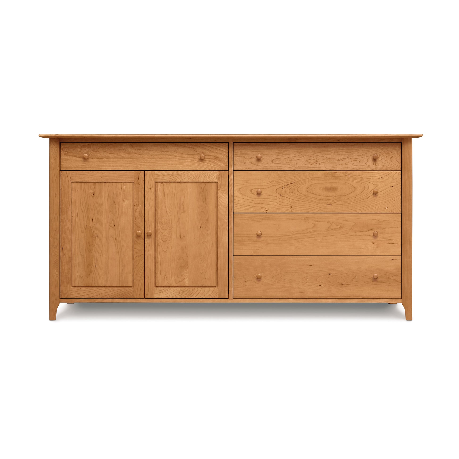 Solid wood sideboard with two cabinet doors and three drawers, isolated on a white background from the Copeland Furniture Sarah 2 Door, 5 Drawer Buffet Collection.