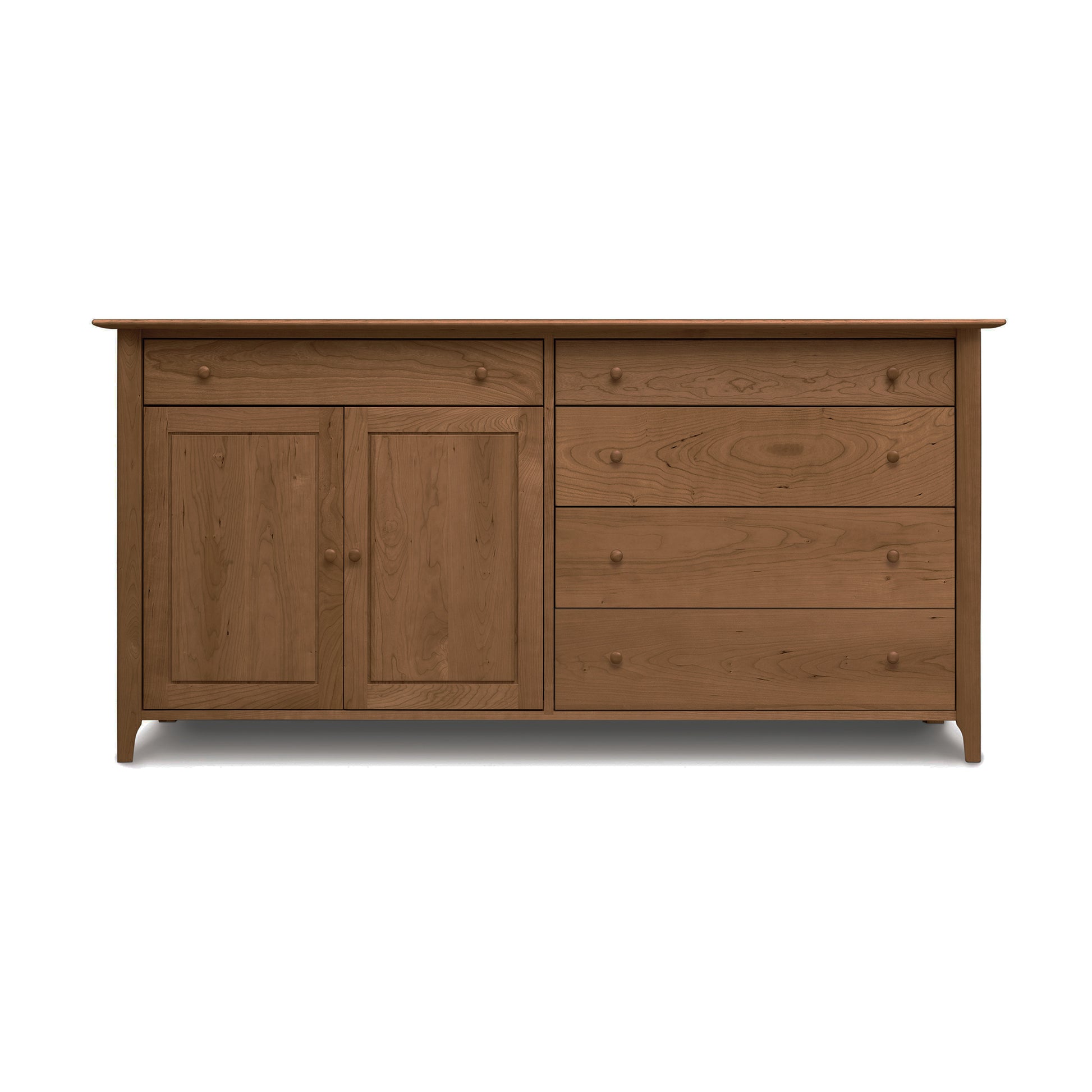 Wooden sideboard, Copeland Furniture's Sarah 2 Door, 5 Drawer Buffet, with two doors and three drawers on a plain background.