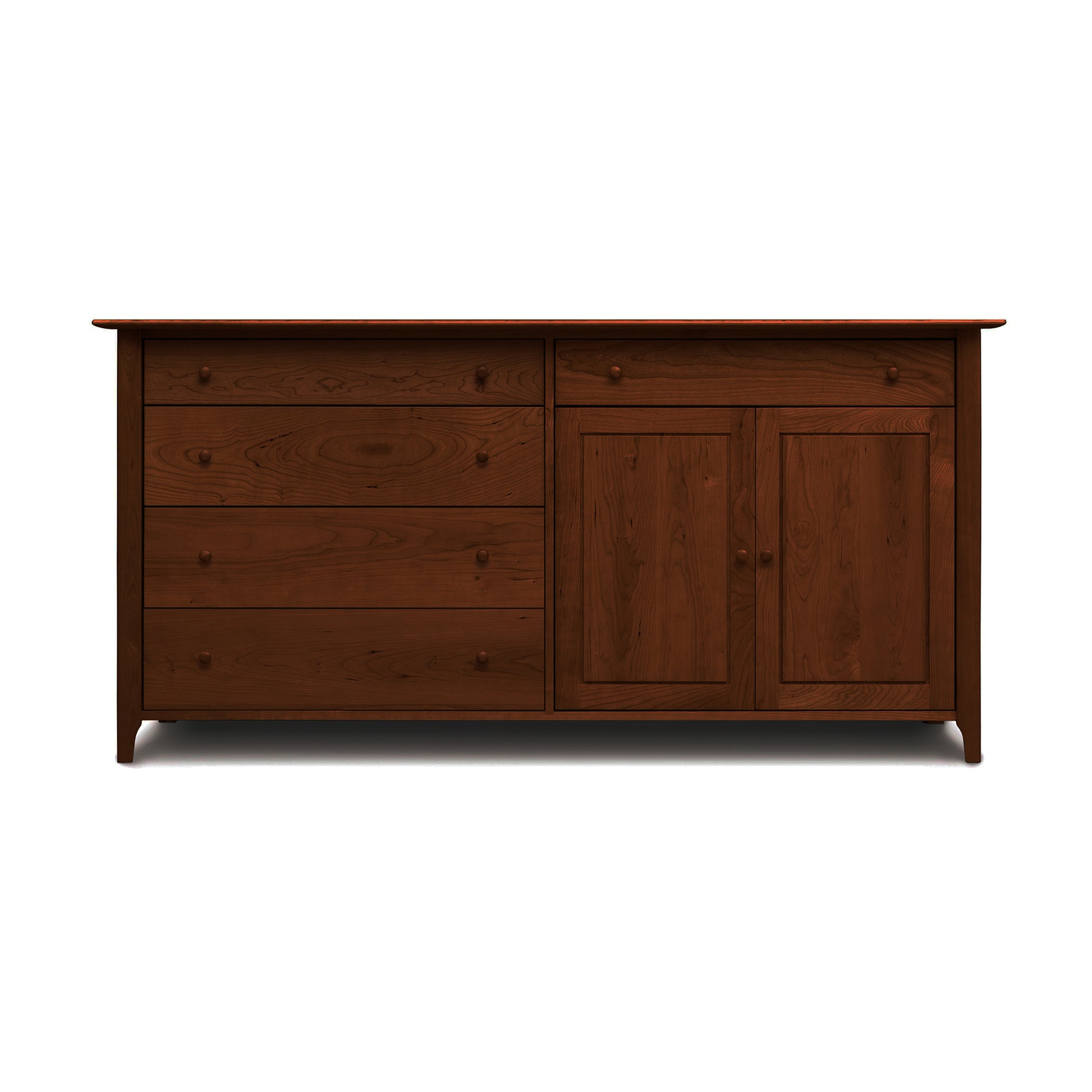 Copeland Furniture's Sarah 2 Door, 5 Drawer Buffet, a luxury dining furniture piece, with three drawers and two cabinets against a white background.