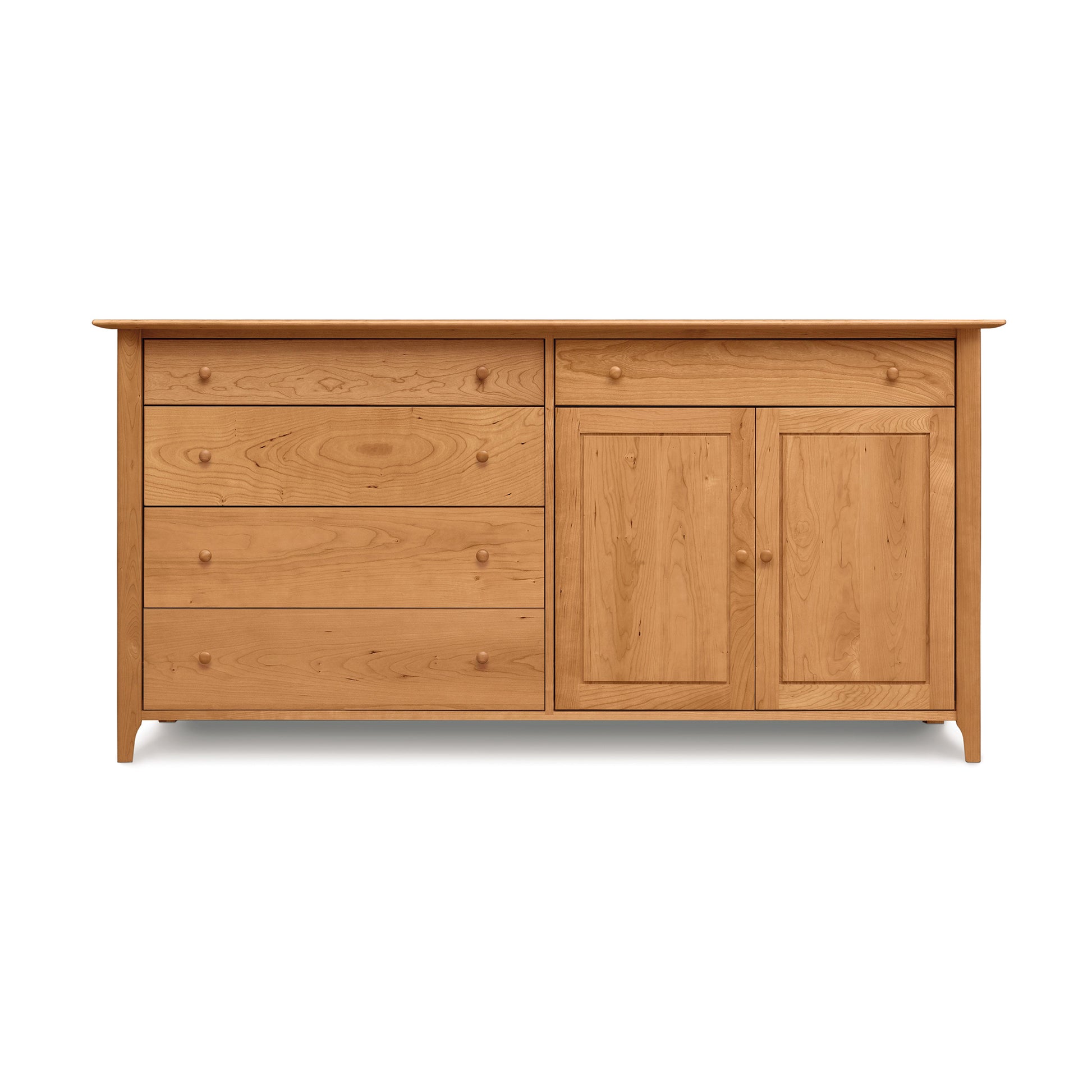 Copeland Furniture's Sarah 2 Door, 5 Drawer Buffet, a luxurious dining furniture piece featuring three drawers and two doors, all crafted from solid wood, set against a plain background.