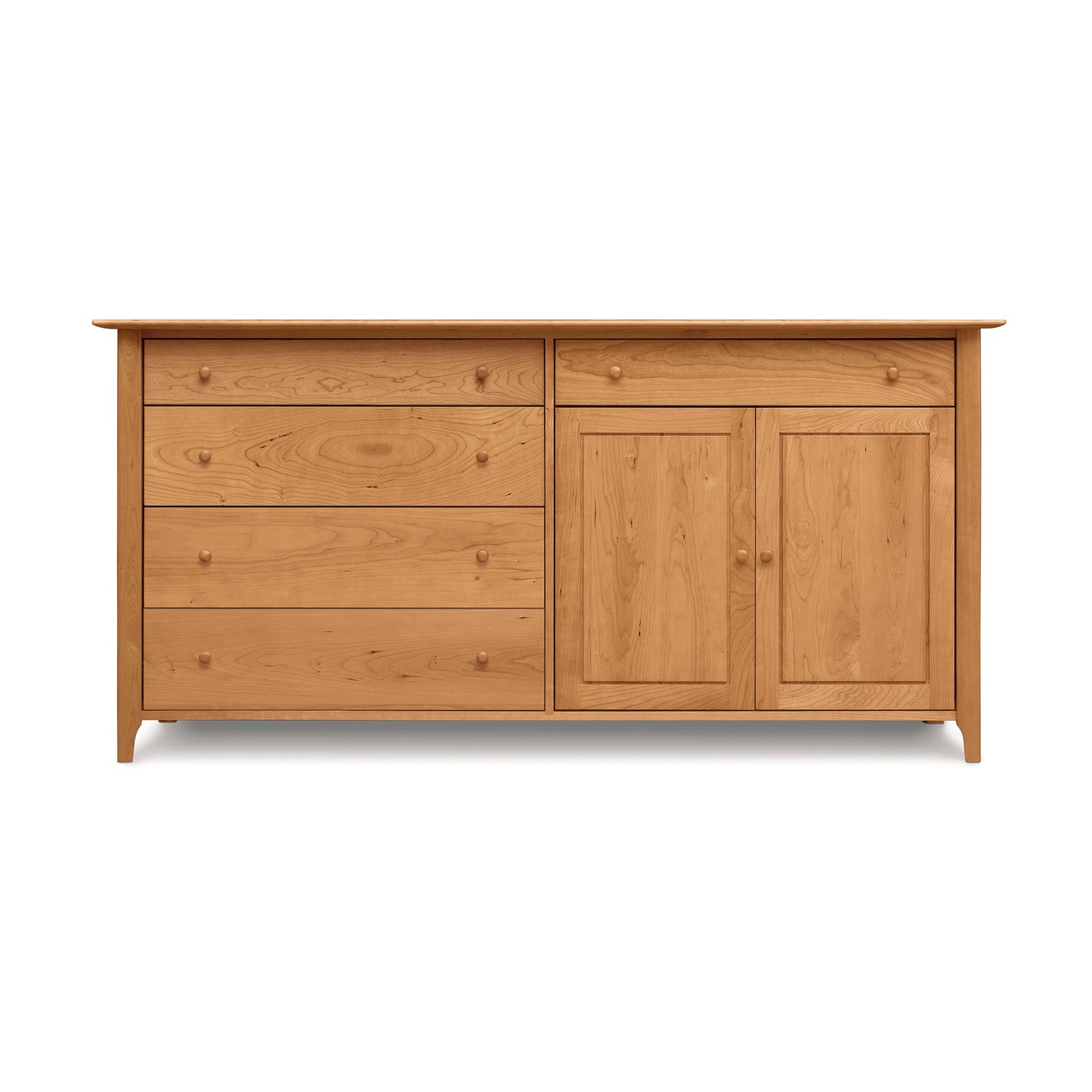 Sarah 2 Door, 5 Drawer Buffet by Copeland Furniture in solid light wood with round knobs, showcasing classic Shaker style craftsmanship.