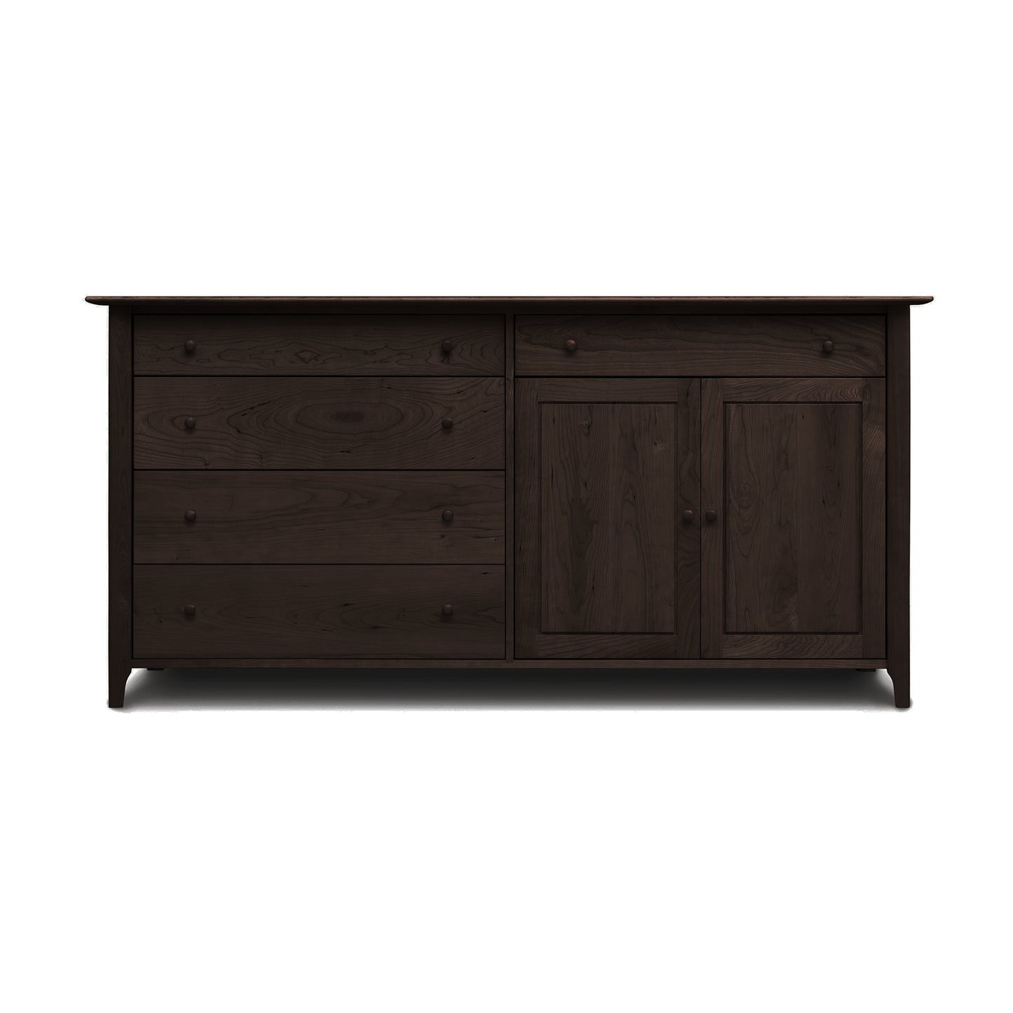 A dark brown Copeland Furniture Sarah 2 Door, 5 Drawer Buffet with three drawers on the left and two cabinet doors on the right, isolated on a white background.
