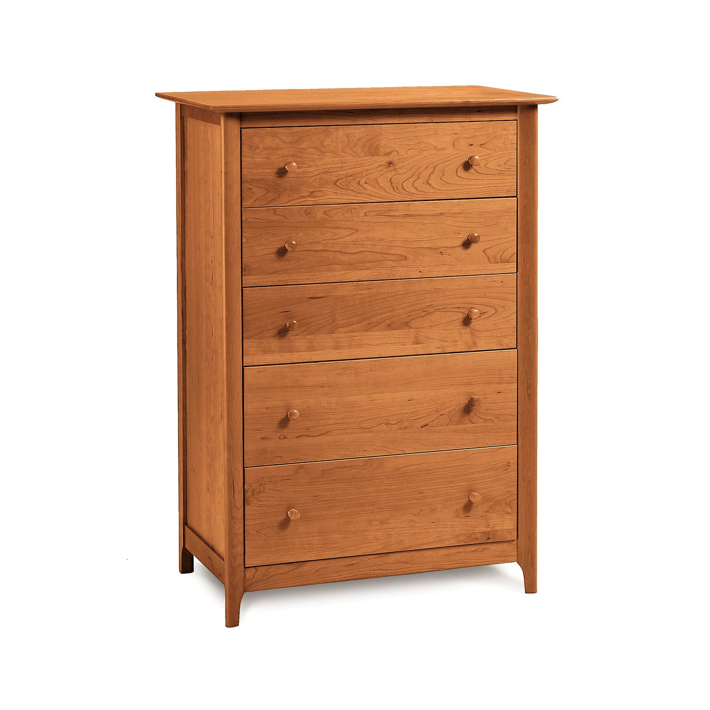 Copeland Furniture Sarah 5-Drawer Chest in eco-friendly cherry wood with round knobs and a classic vertical Shaker design.