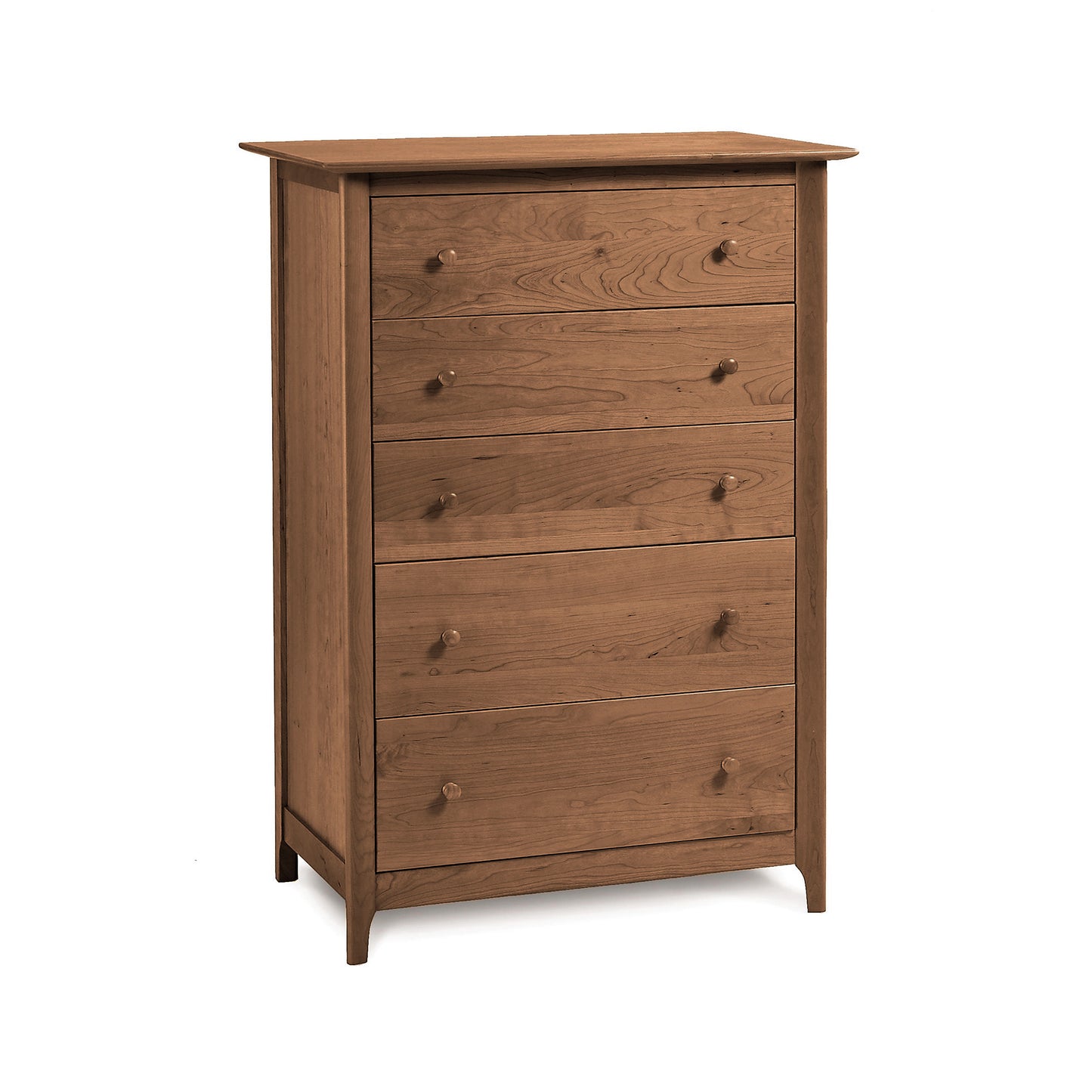 Sarah 5-Drawer Chest in cherry wood by Copeland Furniture, showcasing a smooth finish with round wooden knobs.