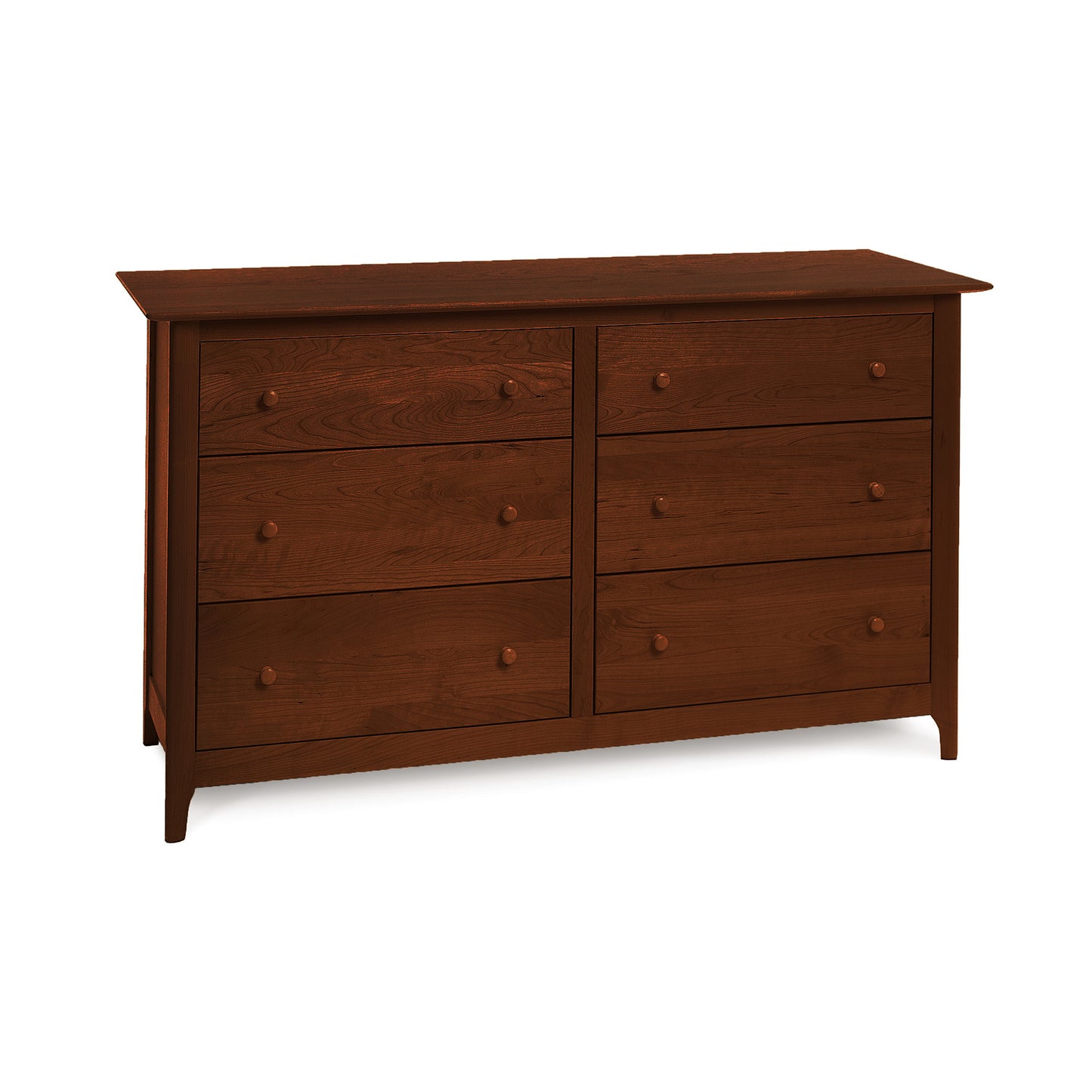Sarah 6-Drawer Dresser by Copeland Furniture featuring Shaker design in eco-friendly wood with a dark brown finish, round knobs, and a flat top.
