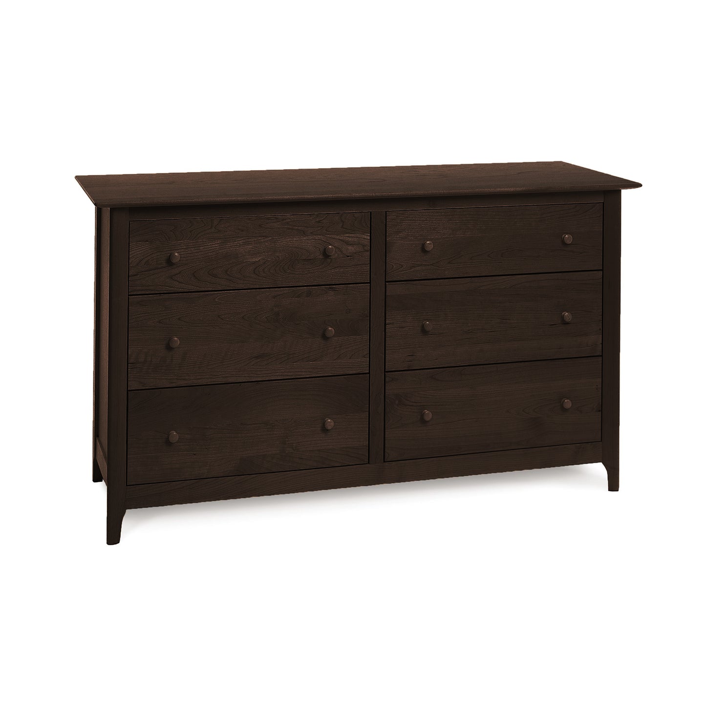Sarah 6-Drawer Dresser by Copeland Furniture, dark brown Shaker-style with six round knobs and spacious drawers.