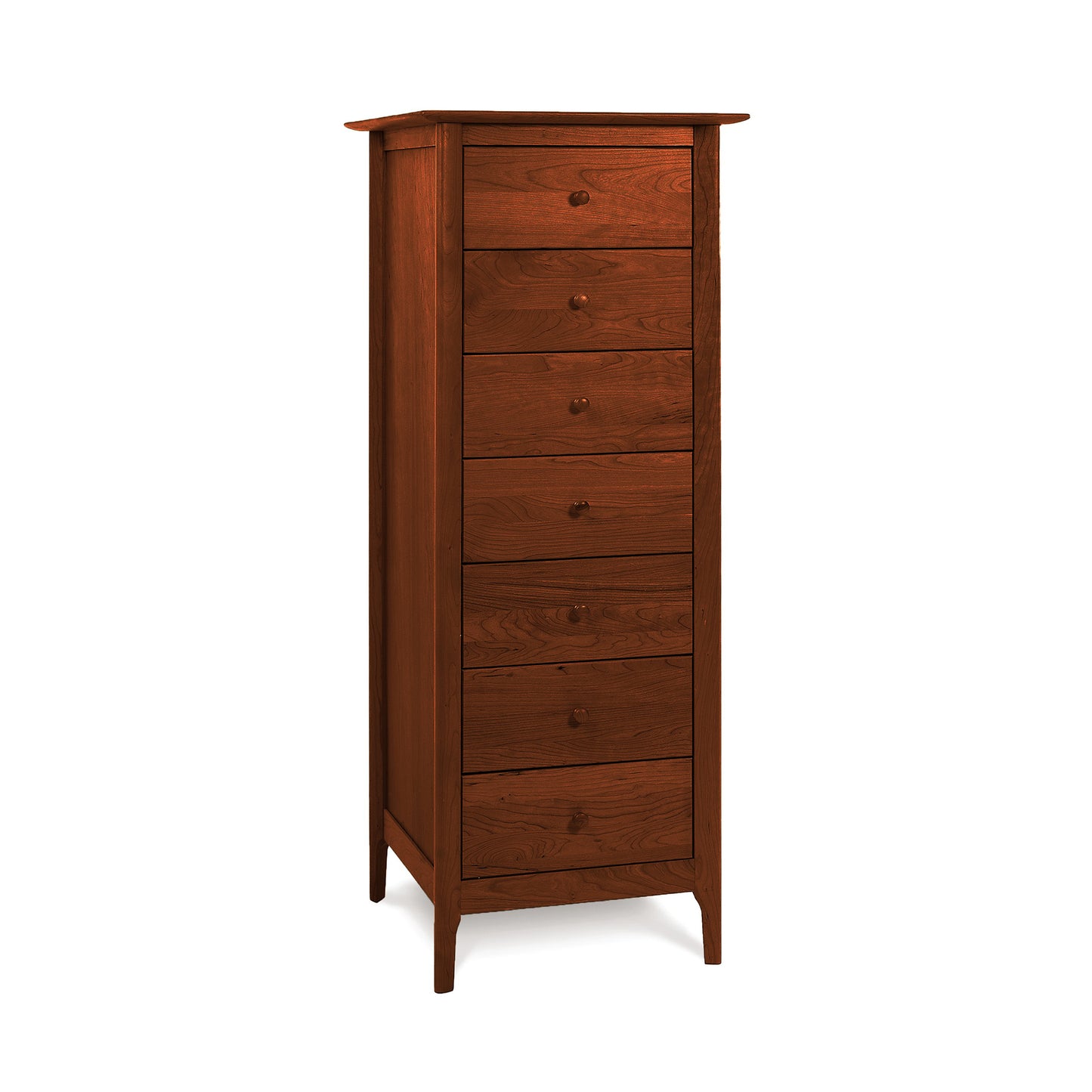 Sarah 7-Drawer Lingerie Chest in cherry wood by Copeland Furniture, featuring slender legs and round knobs in Shaker style.