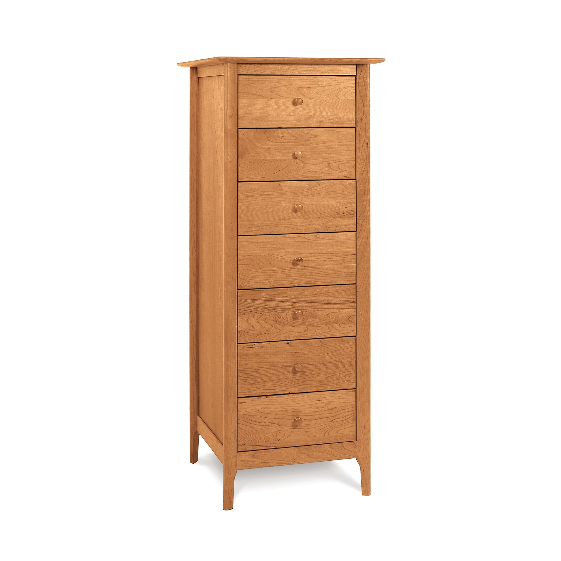 A tall eco-friendly Sarah 7-Drawer Lingerie Chest, crafted from natural cherry wood, stands against a white background. Brand Name: Copeland Furniture