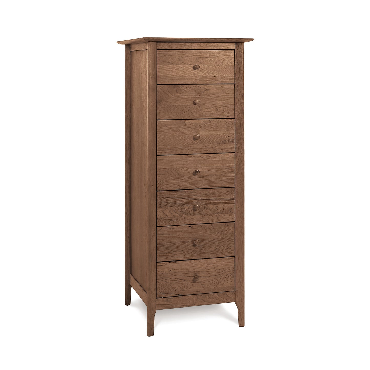 A tall wooden lingerie chest with seven drawers, isolated on a white background, crafted from natural cherry wood.