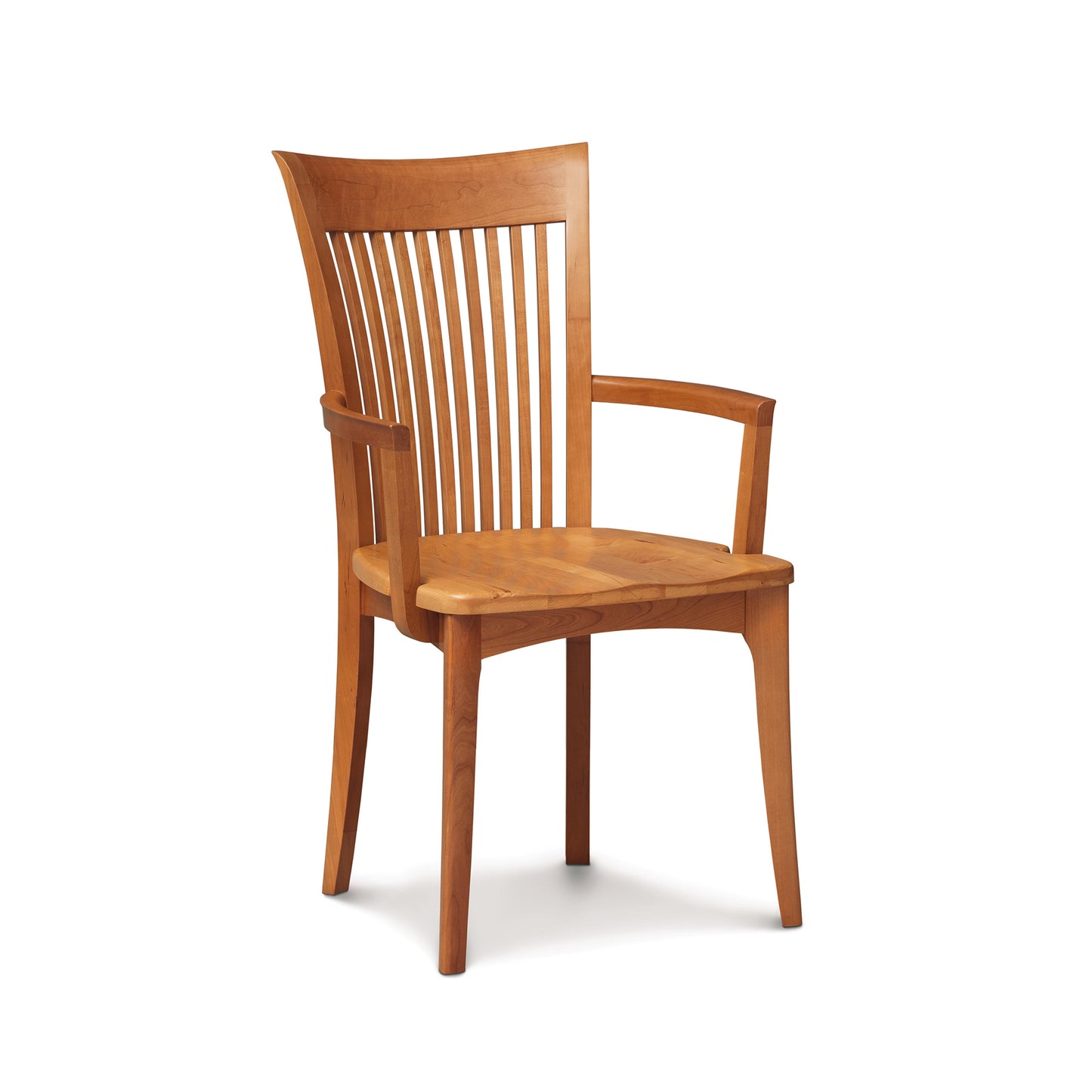 A Sarah Shaker Cherry Chair with Wooden Seat from Copeland Furniture, with vertical slats and armrests, crafted from American cherry wood against a white background.