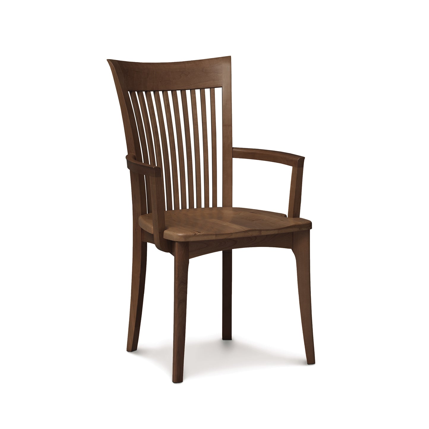 Copeland Furniture Sarah Shaker Cherry Chair with wooden seat, armrests, and slatted backrest, expertly handcrafted in Vermont.