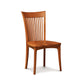A Sarah Shaker Cherry Chair with Wooden Seat by Copeland Furniture with a tall, slatted backrest stands isolated against a white background.