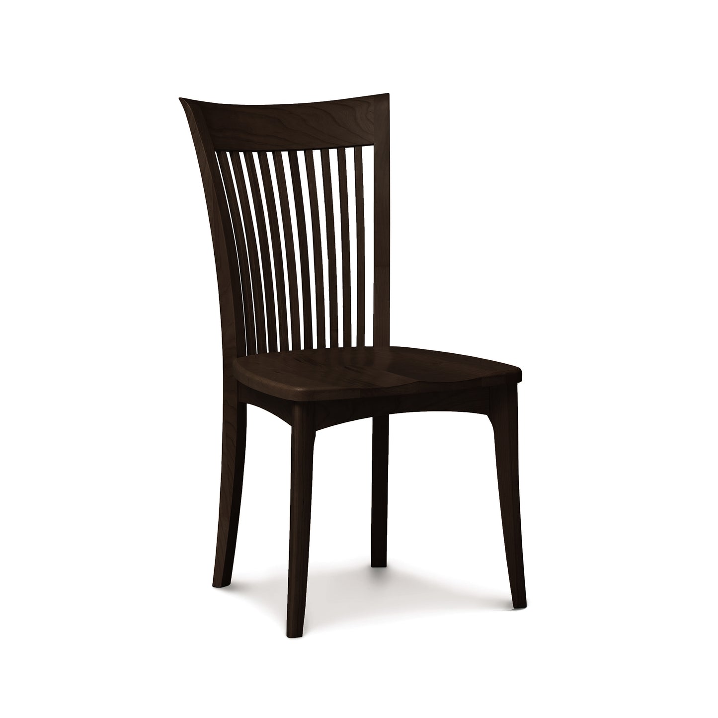 Copeland Sarah Shaker Chair in dark American cherry wood, showcasing slatted back, curved legs, and flat seat; high-quality American craftsmanship.