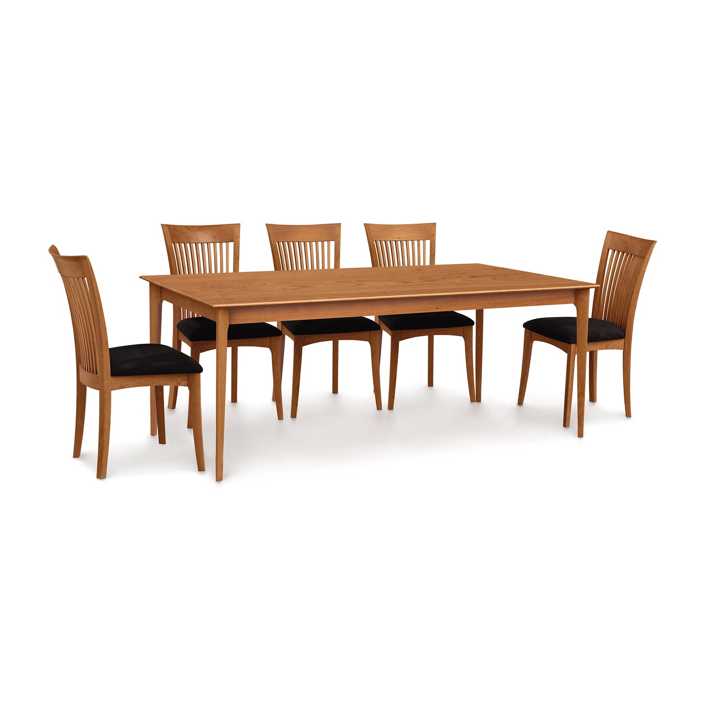 Sarah Shaker dining set by Copeland Furniture with a solid cherry table and six slatted-back chairs featuring black cushions.