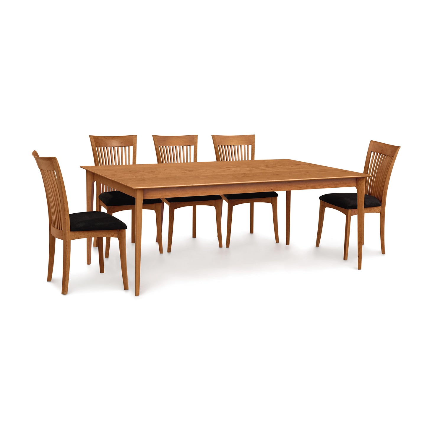 Copeland Furniture Sarah Shaker tapered leg solid top table with six matching slatted chairs, crafted in American hardwood.