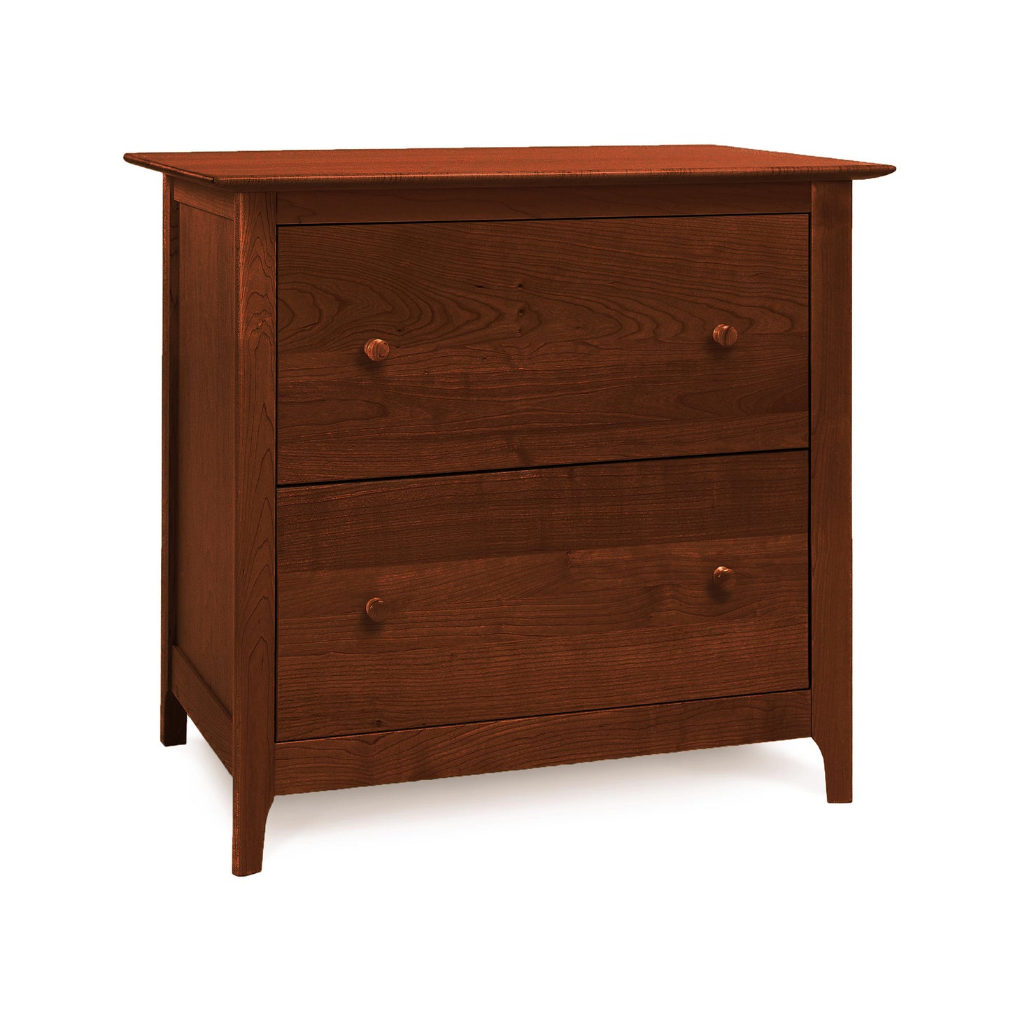 Copeland Furniture Sarah Lateral Filing Cabinet with two spacious drawers and round knobs, made from sustainably sourced wood.