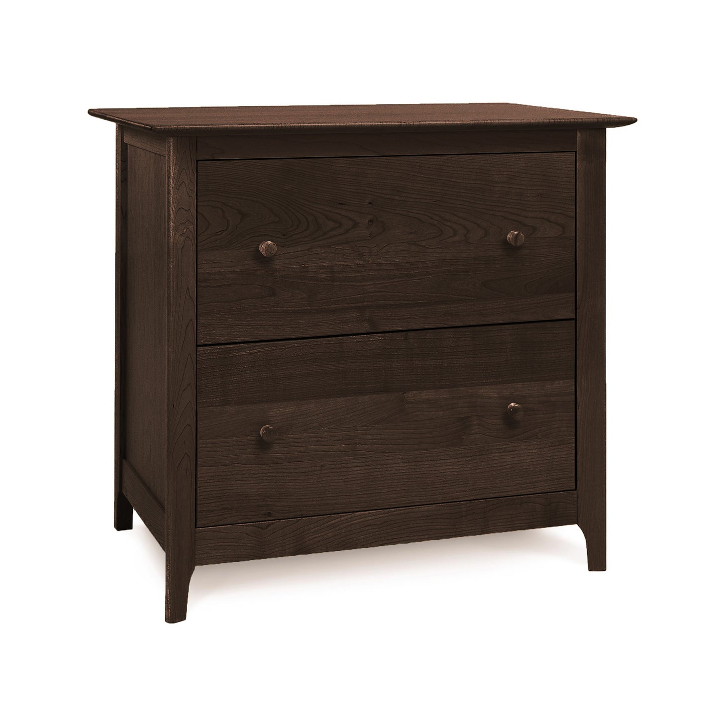 Copeland Furniture Sarah Lateral Filing Cabinet made of dark brown wood with round knobs and Shaker-style legs, crafted from sustainable materials.