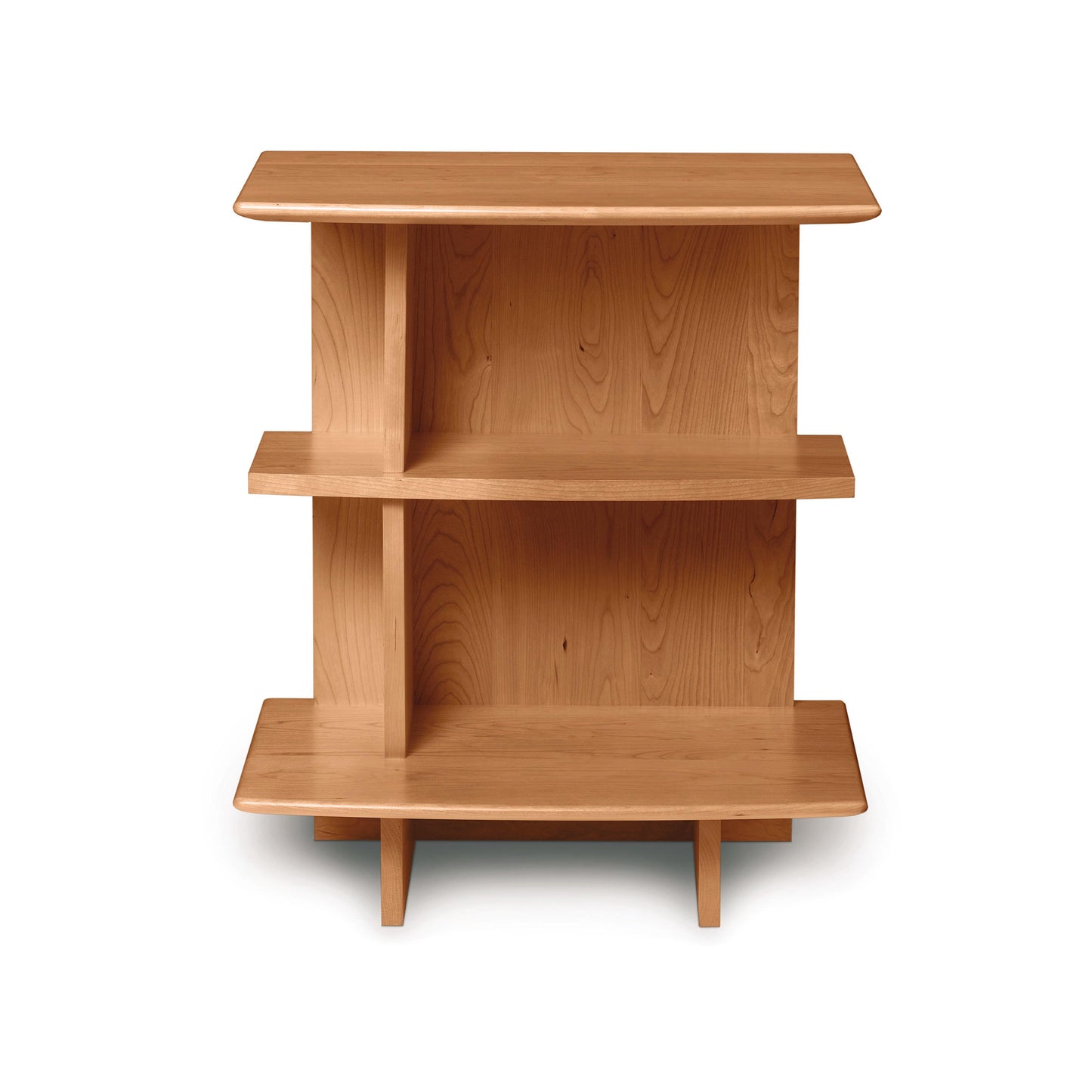 A simple wooden three-tiered shelf from the Copeland Furniture Sarah Open Shelf Nightstand Collection with a flat top and short legs, isolated on a white background.