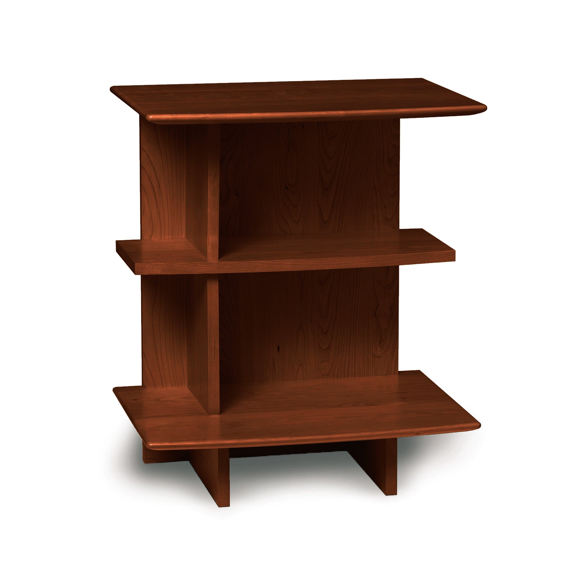Three-tiered wooden shelving unit from the Copeland Furniture Sarah Open Shelf Nightstand Collection on a white background.