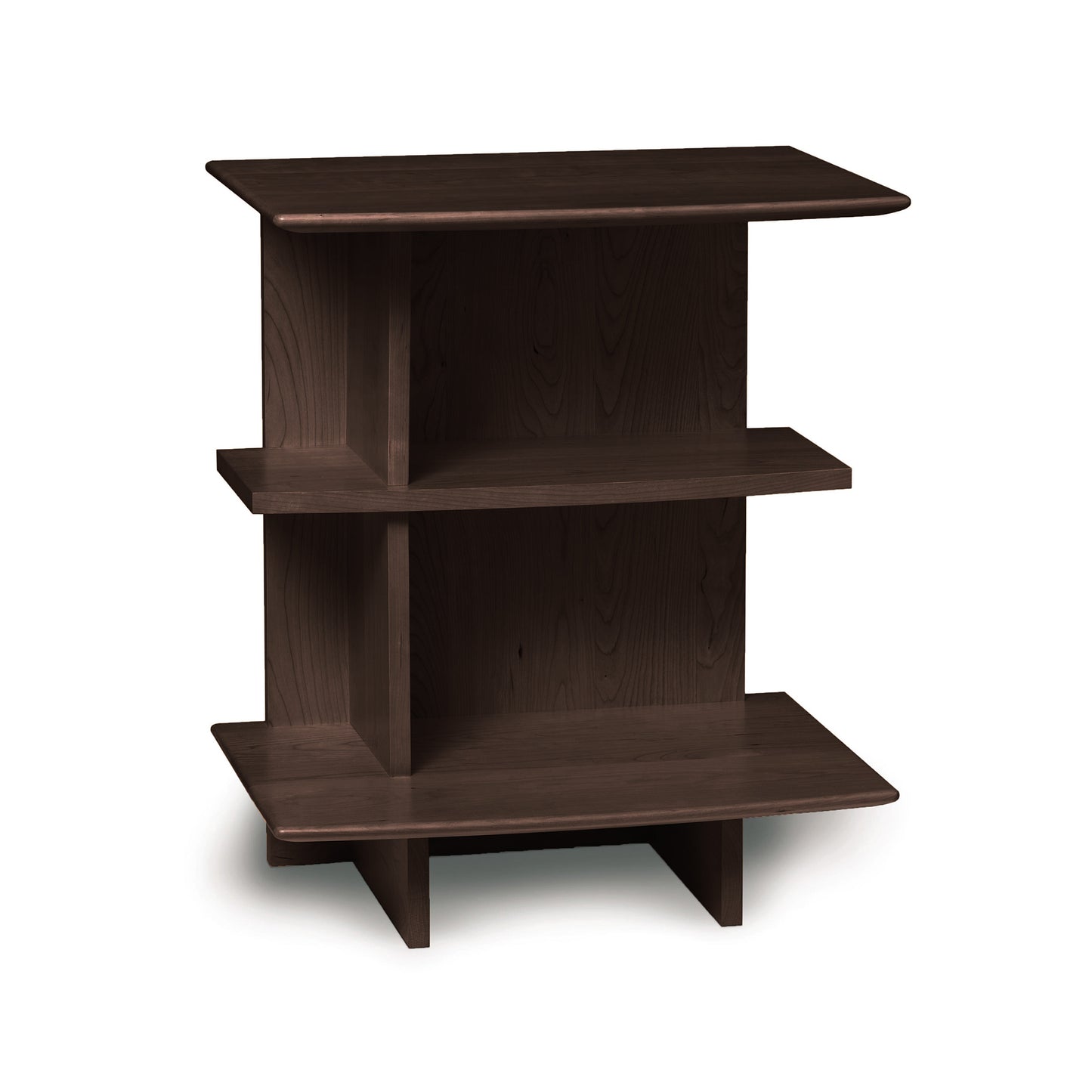 A three-tiered, brown wooden corner shelf from the Copeland Furniture Sarah Open Shelf Nightstand Collection, isolated on a white background.