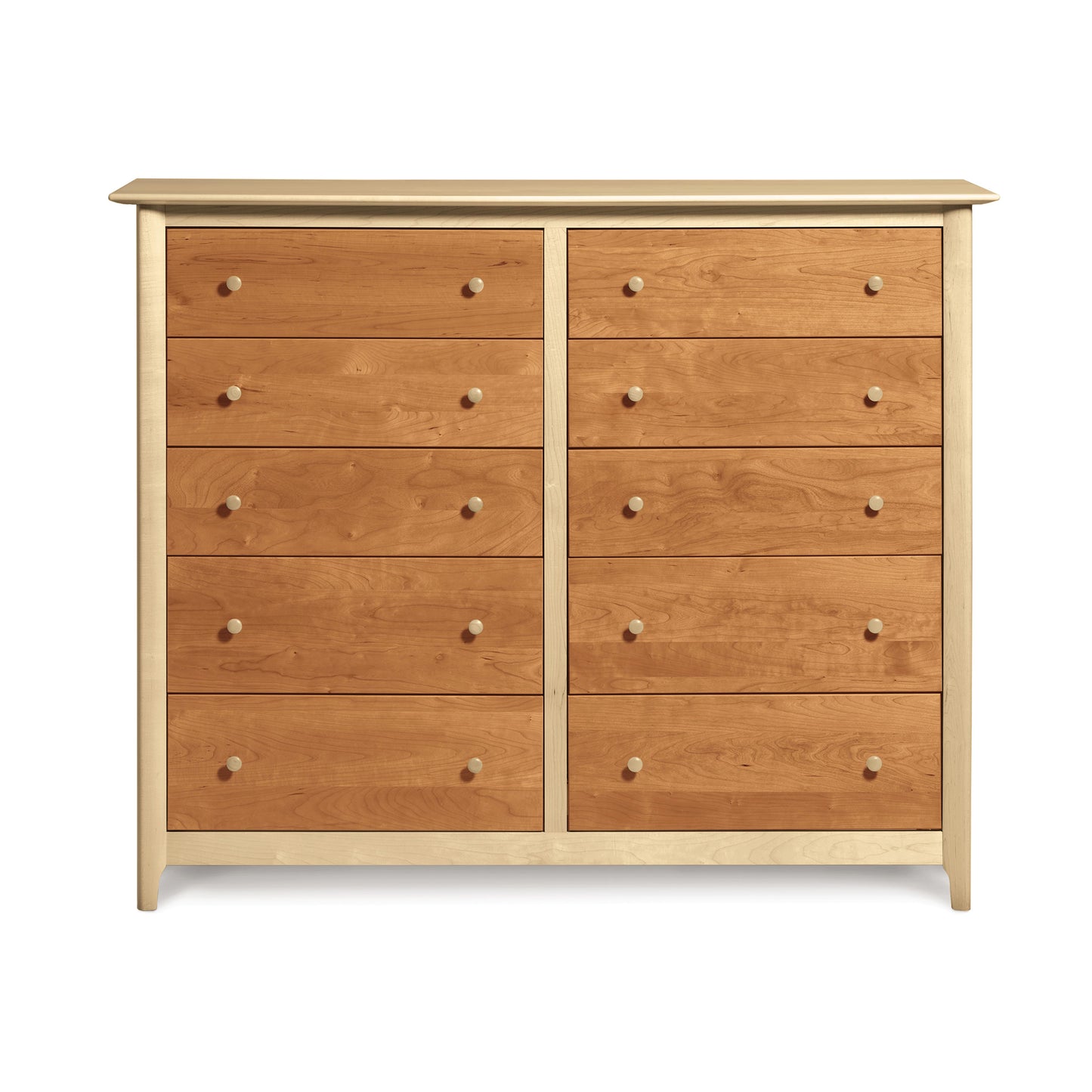 Copeland Furniture Sarah 10-Drawer Dresser with eco-friendly wood, featuring a light frame, darker drawer fronts, and small round knobs.