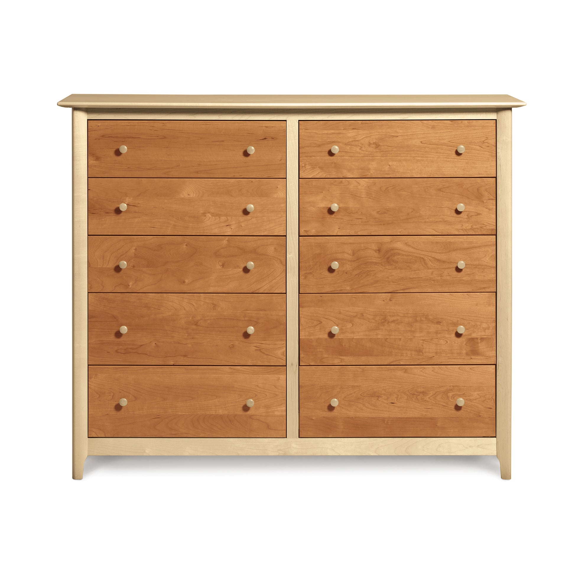 Copeland Furniture Sarah 10-Drawer Dresser with eco-friendly wood, featuring a light frame, darker drawer fronts, and small round knobs.