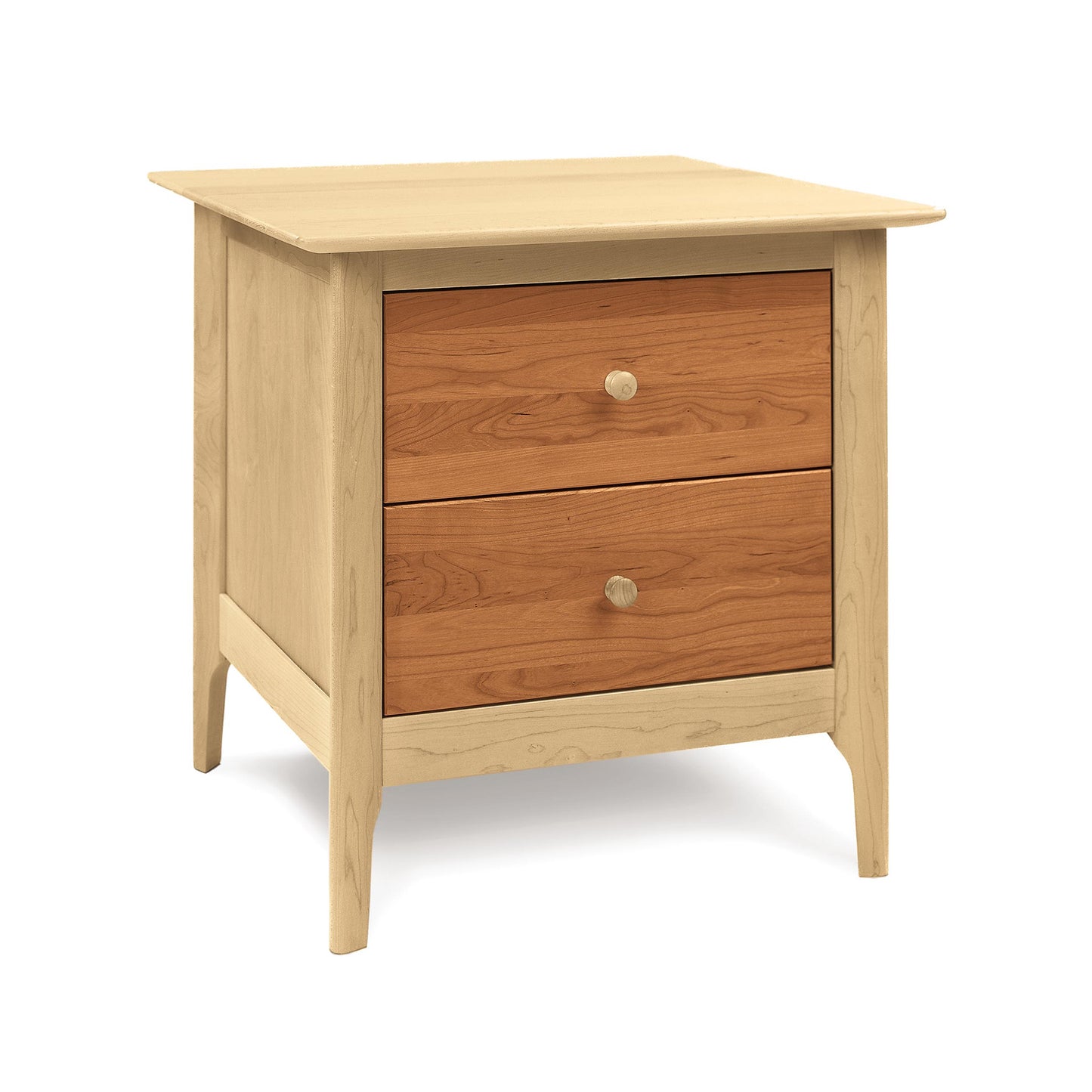 A Sarah 2-Drawer Nightstand by Copeland Furniture with round knobs, crafted from sustainable harvested wood, against a white background.