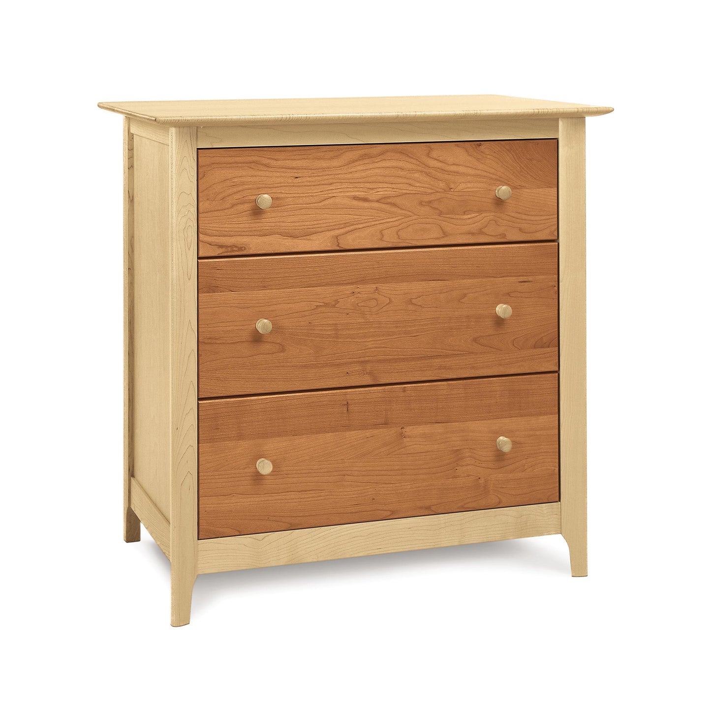 A natural cherry wood Sarah 3-Drawer Chest from Copeland Furniture isolated on a white background.