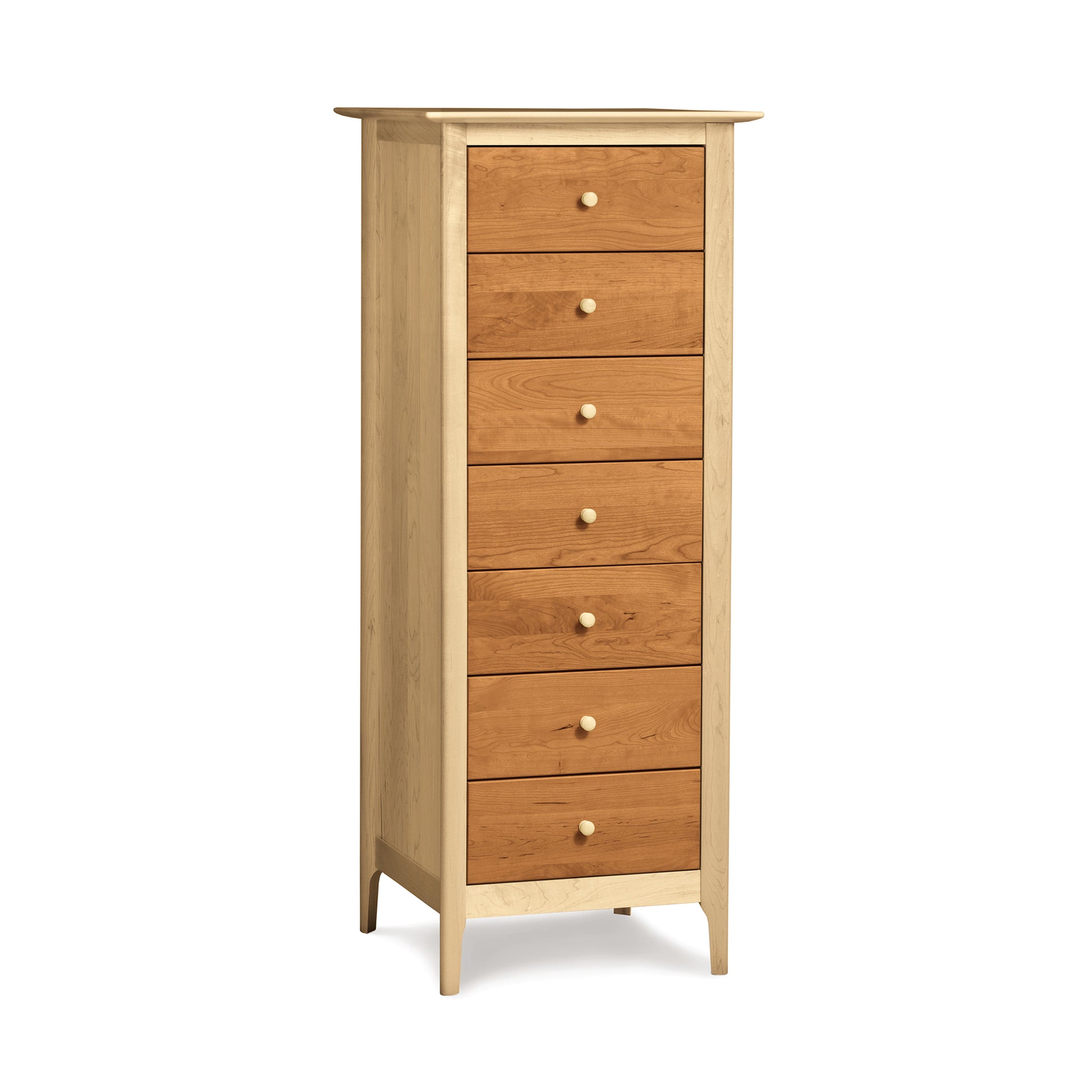 A tall, narrow Copeland Furniture Sarah 7-Drawer Lingerie Chest with five pull-out compartments, crafted from natural cherry wood.