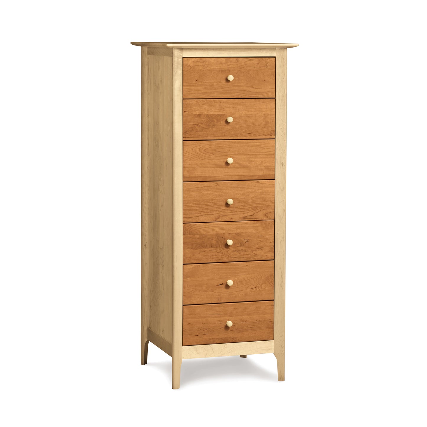 Sarah 7-Drawer Lingerie Chest in light cherry wood by Copeland Furniture, featuring round knobs and a four-leg design.