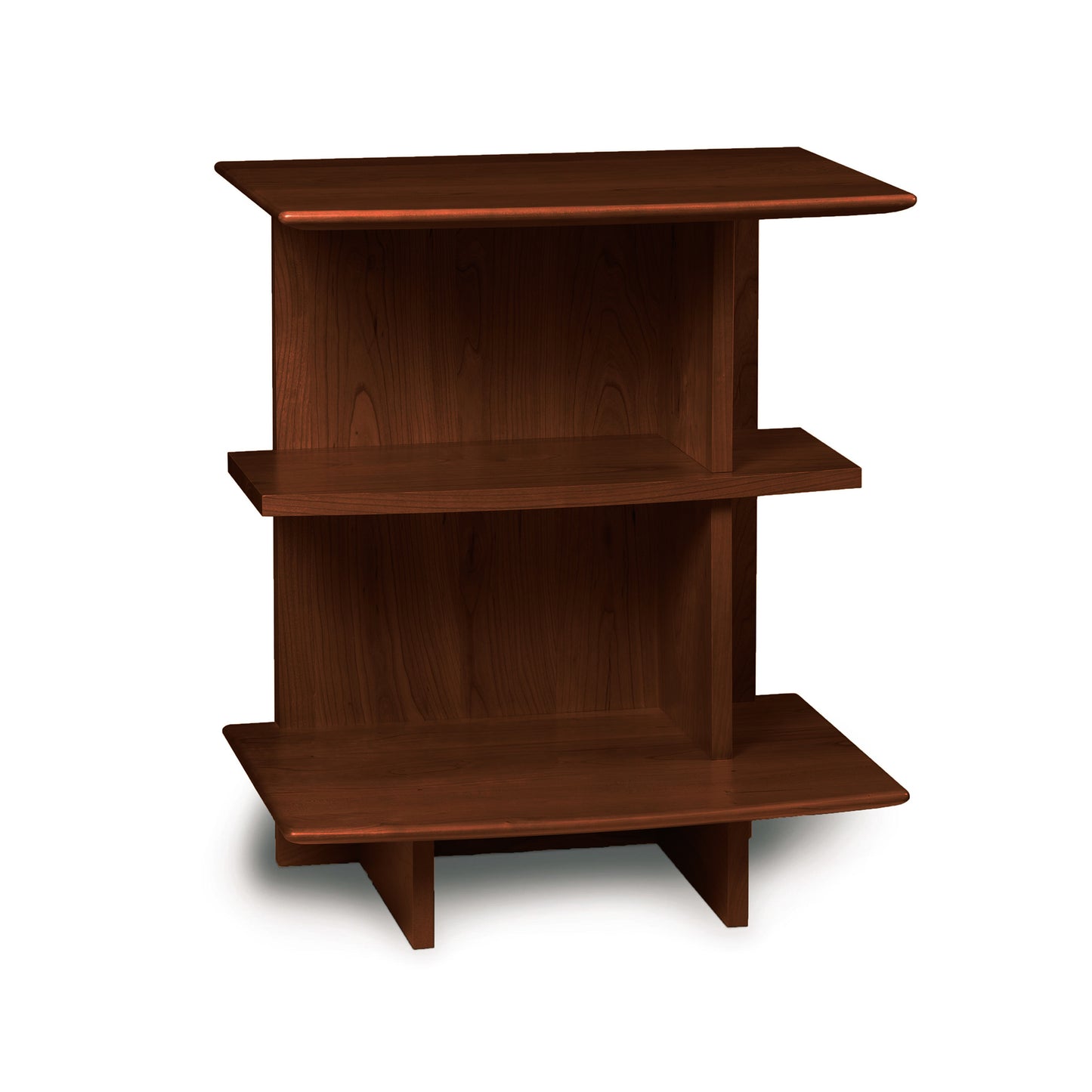 Small wooden nightstand with three staggered shelves and smooth finish from Copeland Furniture's Sarah collection.