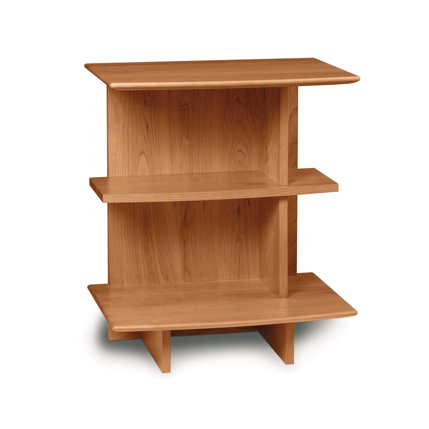 A wooden three-tiered corner shelf from the Copeland Furniture Sarah Open Shelf Nightstand Collection on a white background.
