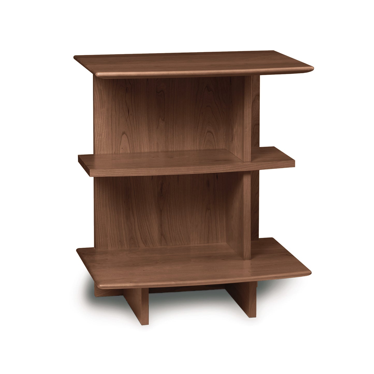 A wooden three-tier corner shelf from the Copeland Furniture Sarah Open Shelf Nightstand isolated on a white background.
