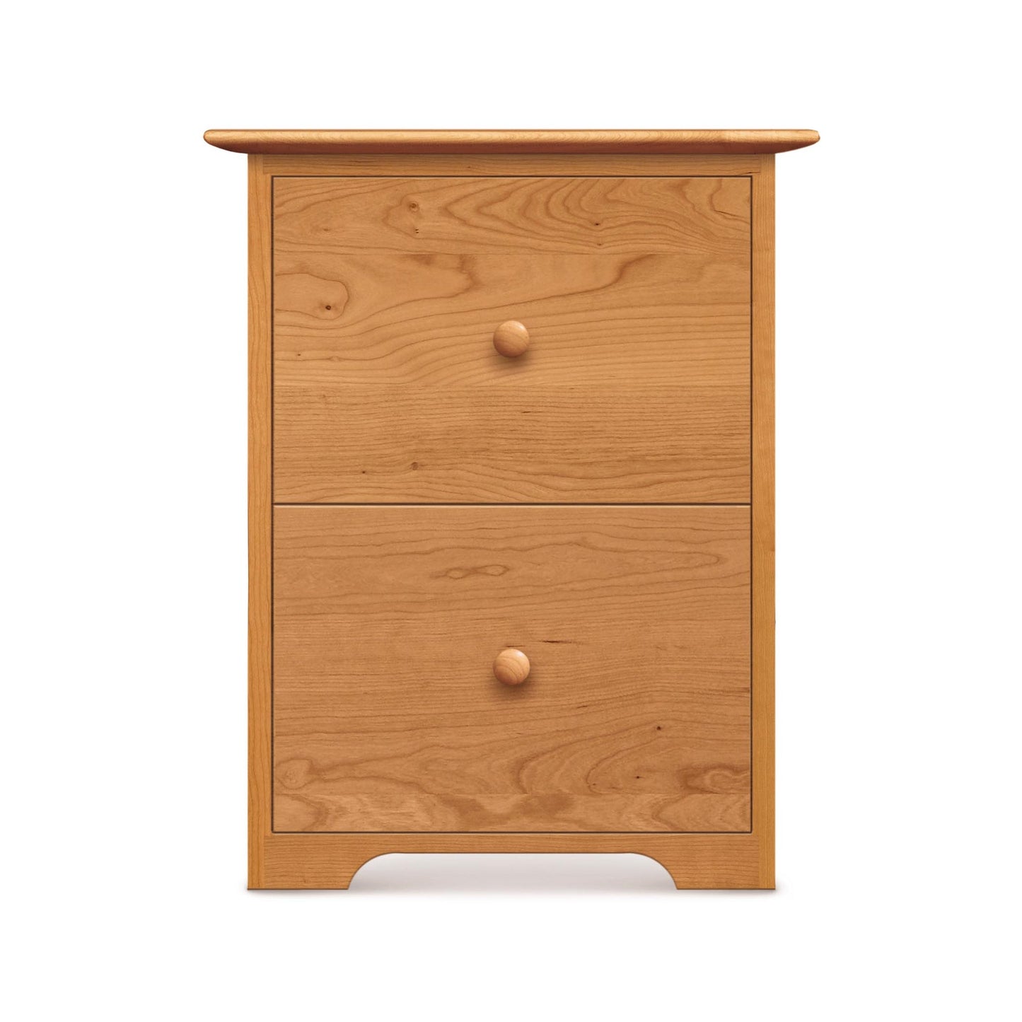 A small wooden file cabinet with two drawers.