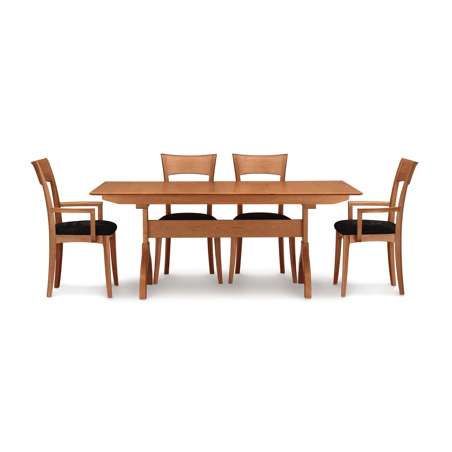 A Copeland Furniture Sarah Shaker Trestle Extension Table set with four chairs on a white background.