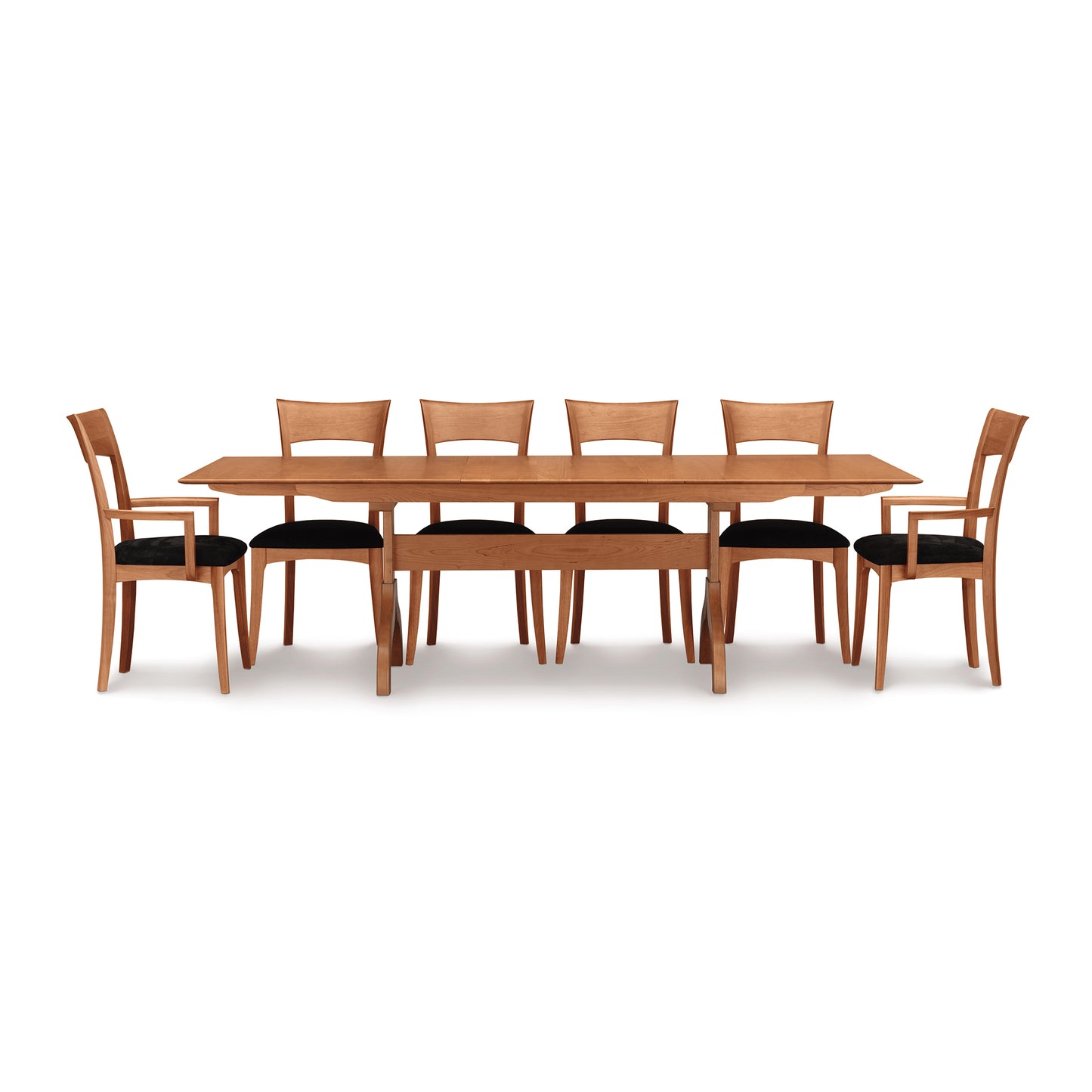 A wooden Sarah Shaker Trestle Extension dining table set with eight matching chairs from Copeland Furniture, presented against a white background.