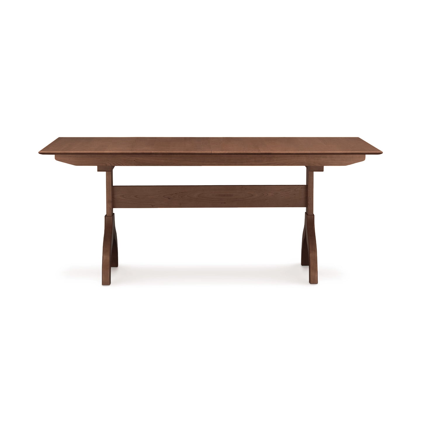 Sarah Shaker Trestle Extension Table by Copeland Furniture with a rectangular wood top, strong trestle base, and central support beam, crafted in a classic Shaker style.