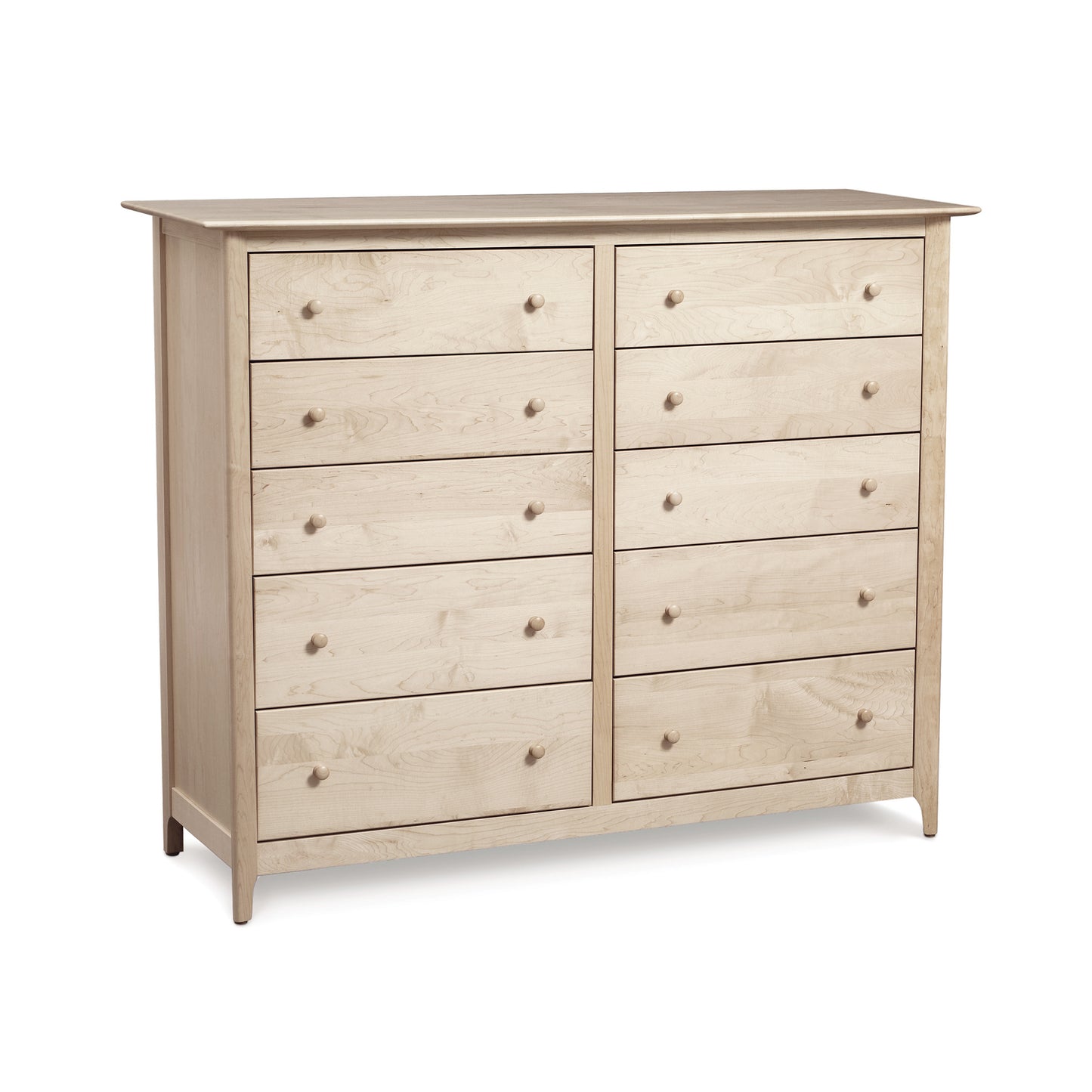 Sarah 10-Drawer Dresser by Copeland Furniture showcasing eco-friendly craftsmanship with its minimalist design and round-knob drawers in three rows.