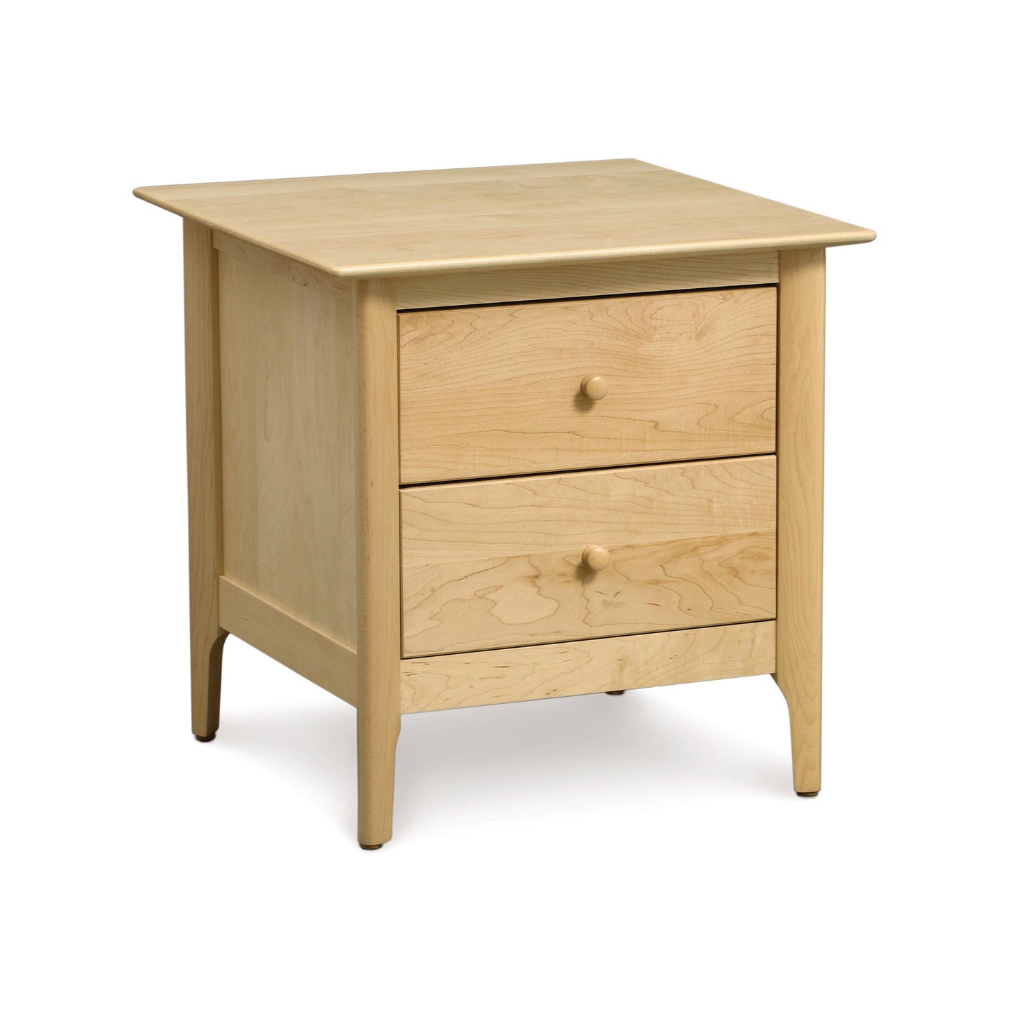 A Sarah 2-Drawer Nightstand, made by Copeland Furniture from sustainable harvested wood, isolated on a white background.