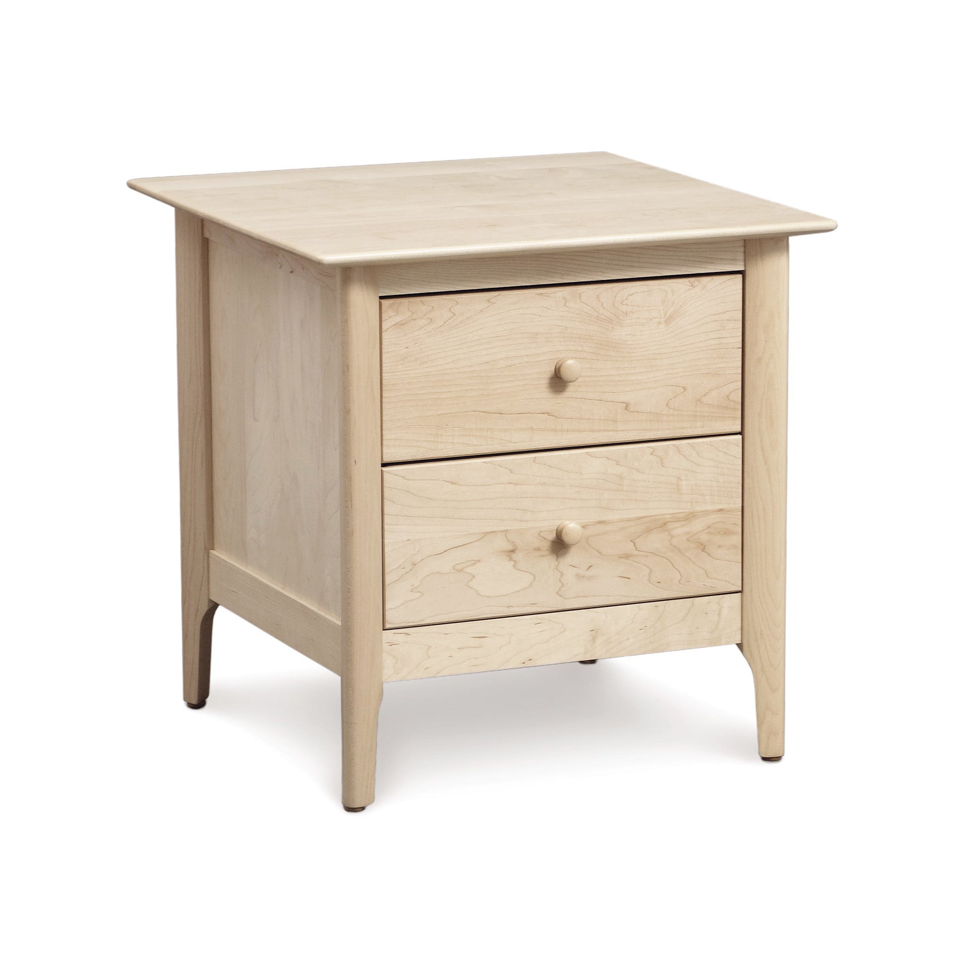Copeland Furniture Sarah Nightstand in light wood with two drawers, featuring wooden handles and slightly tapered legs in Shaker style.