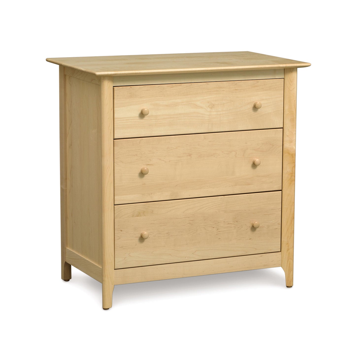 Sarah 3-Drawer Chest by Copeland Furniture in light wood Shaker style with round wooden knobs and a flat top.