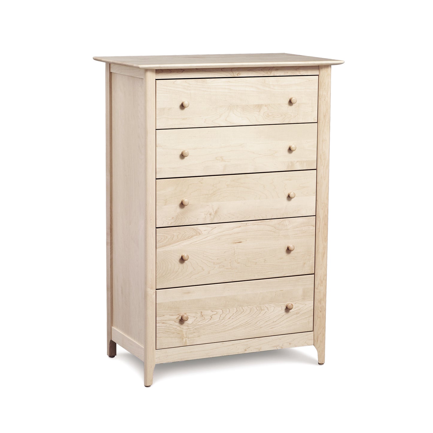Copeland Furniture Sarah 5-Drawer Chest with light wood finish, featuring round knob handles and standing on four small legs.