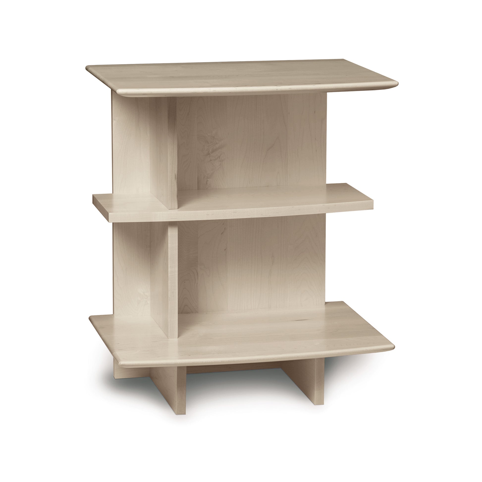 A three-tiered, light-colored wooden corner shelf from the Copeland Furniture Sarah Open Shelf Nightstand Collection isolated on a white background.