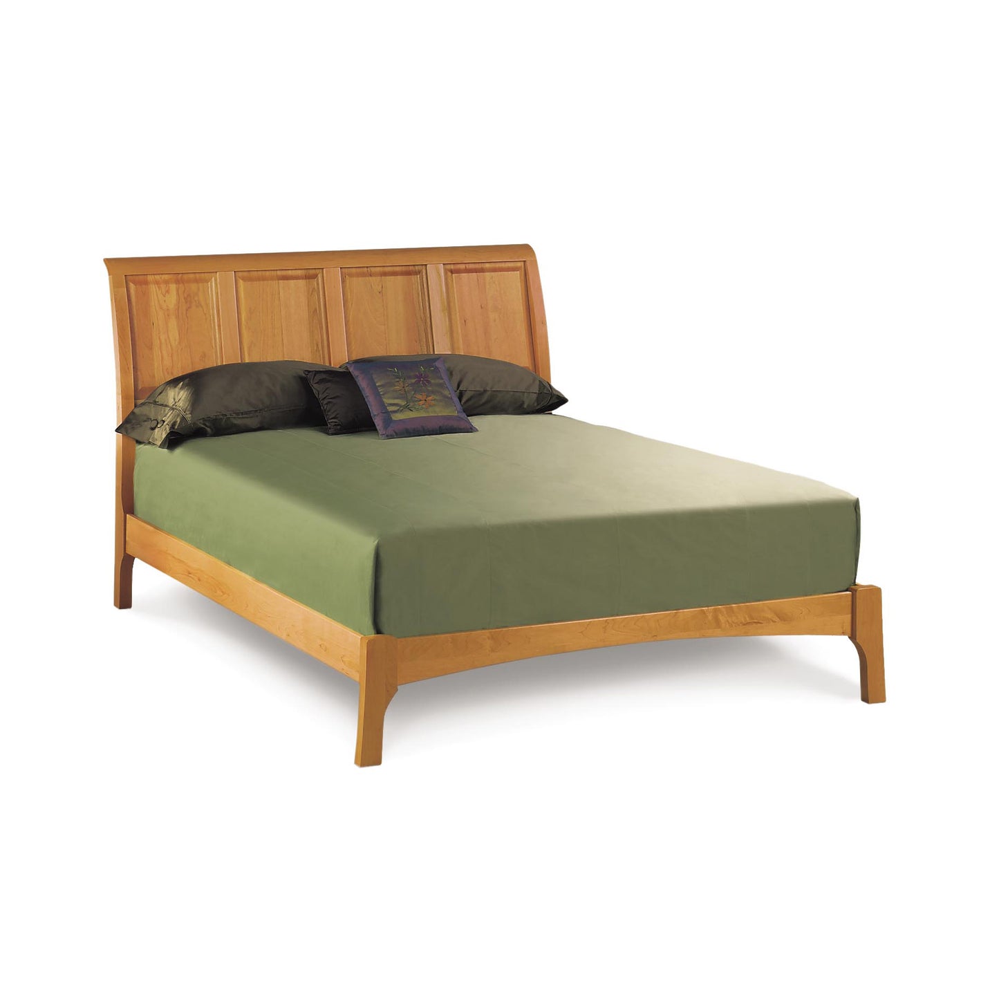 A solid Sarah Low Footboard Sleigh Bed queen-size platform bed with a green bedspread and black pillows against a white background. Brand Name: Copeland Furniture