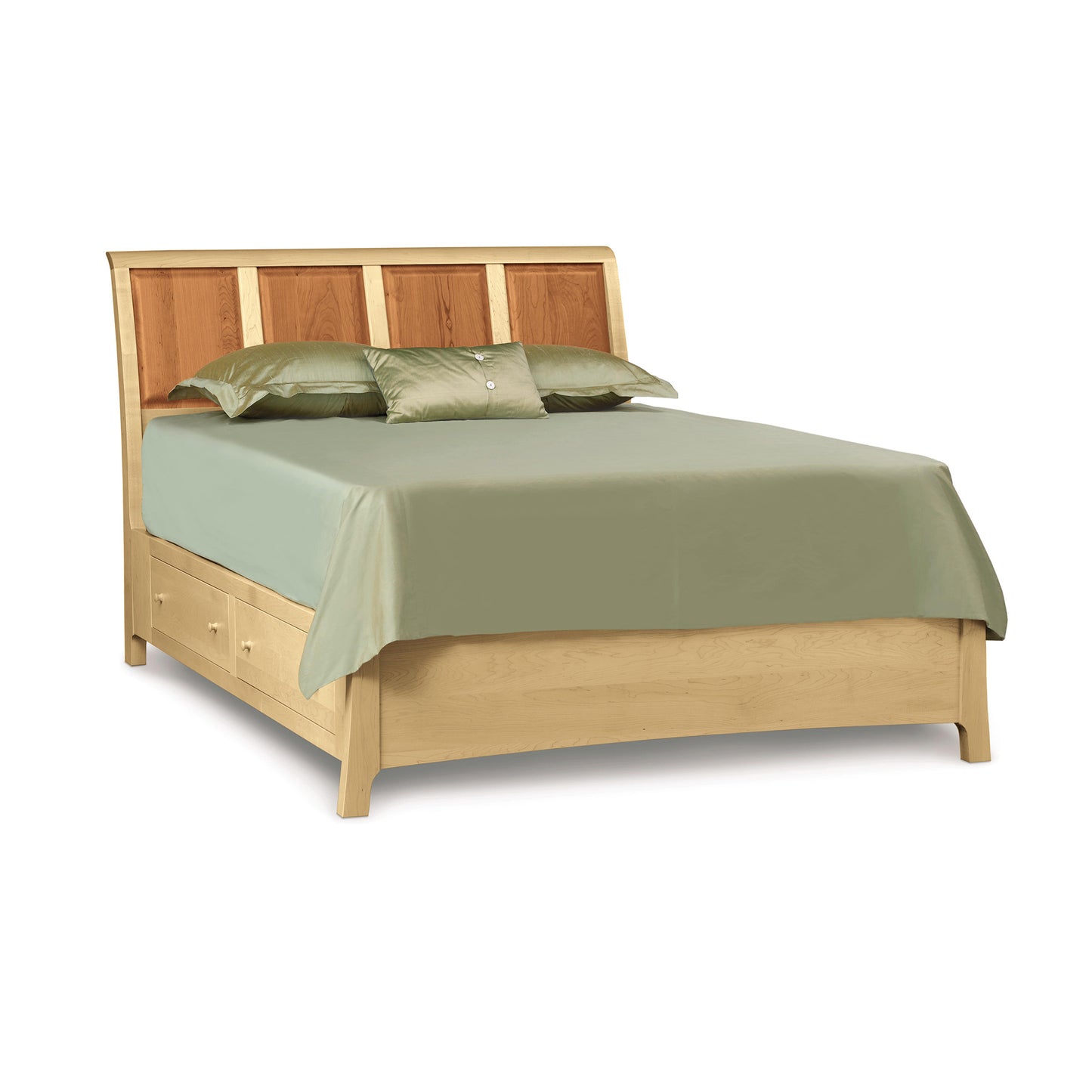 A Sarah Sleigh Storage Bed from Copeland Furniture, made of natural cherry wood with a light finish and equipped with storage drawers underneath, is adorned with a green bedsheet and matching pillows against a white background.