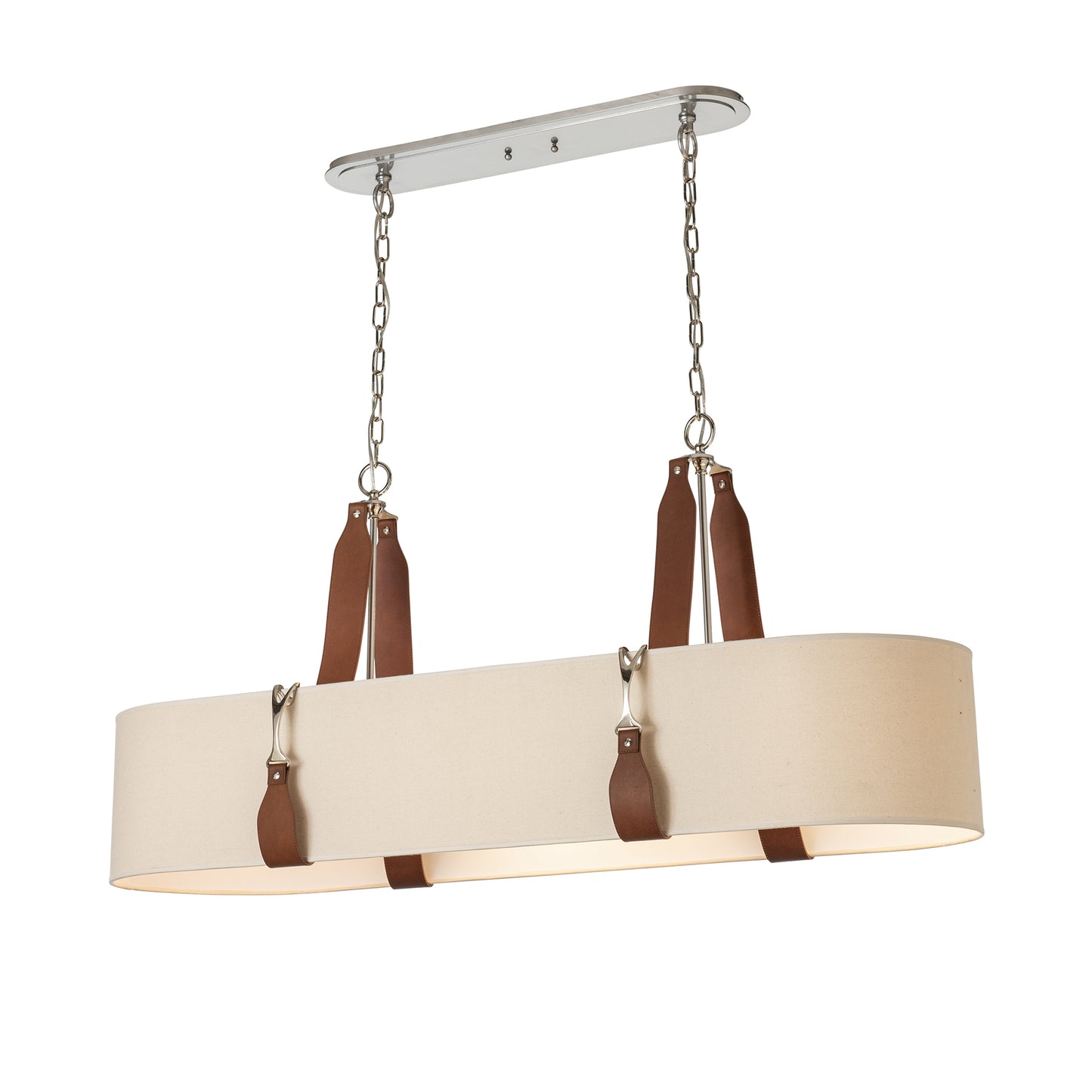 Hubbardton Forge Saratoga Oval Pendant with beige fabric shade, metal chains, leather straps, and silver ceiling mount.